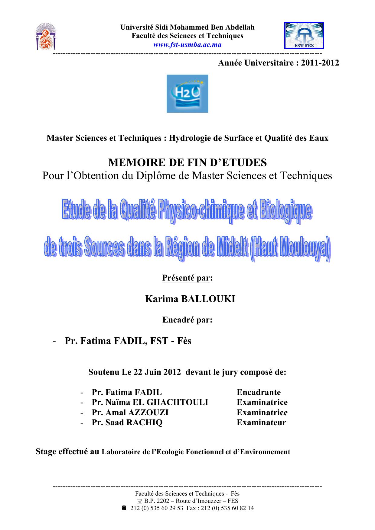 Etude de la Qualité Physico-chimique et Biologique de trois Sources dans la Région de Midelt (Haut Moulouya)