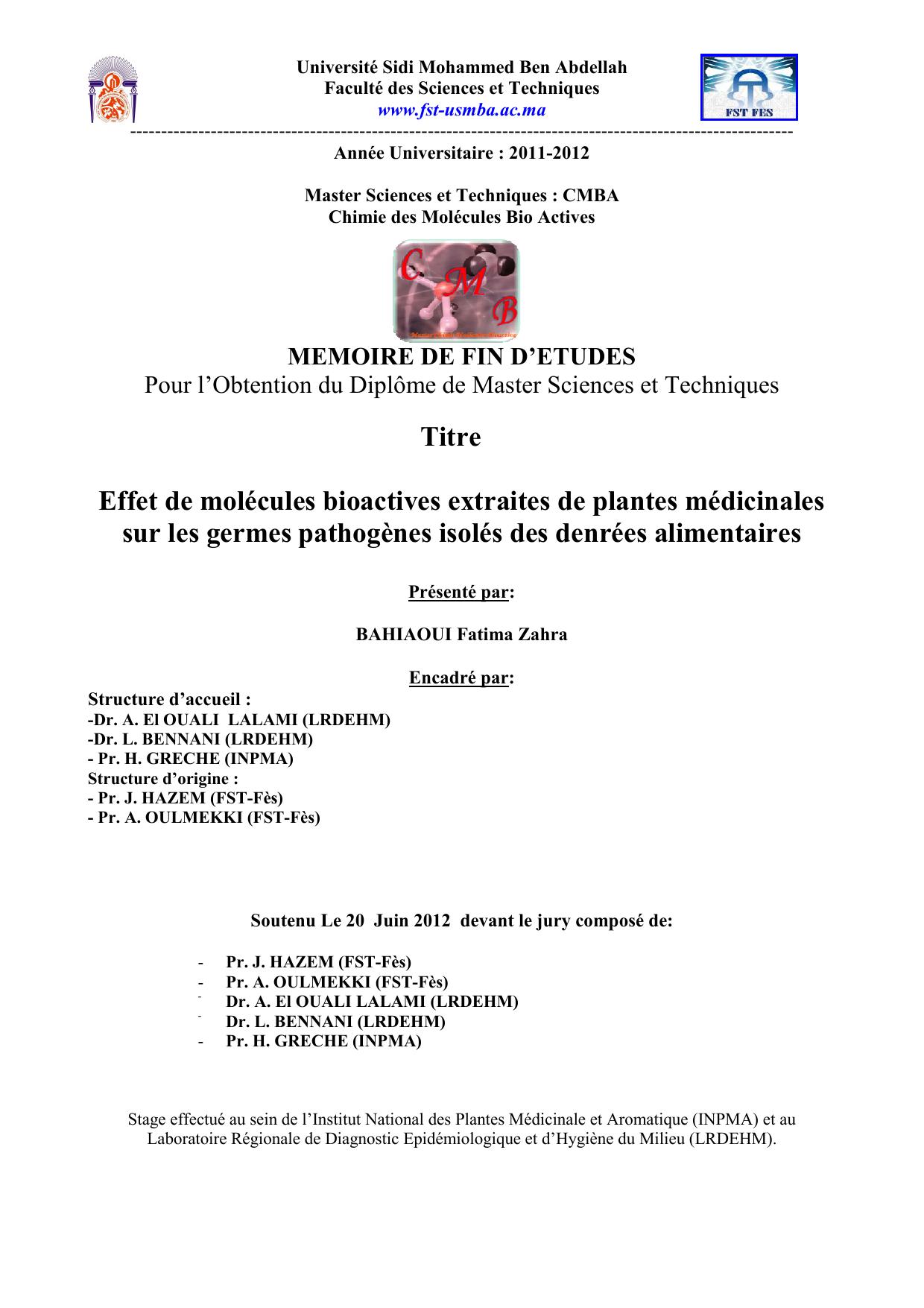 Effet de molécules bioactives extraites de plantes médicinales sur les germes pathogènes isolés des denrées alimentaires