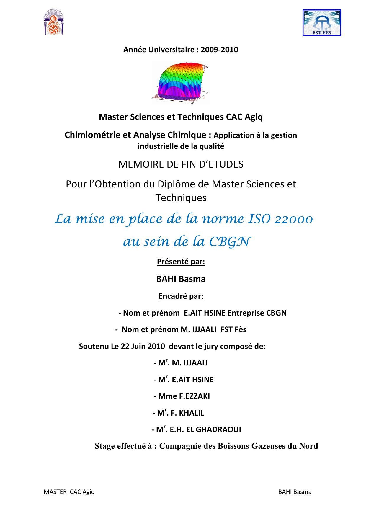 La mise en place de la norme ISO 22000 au sein de la CBGN