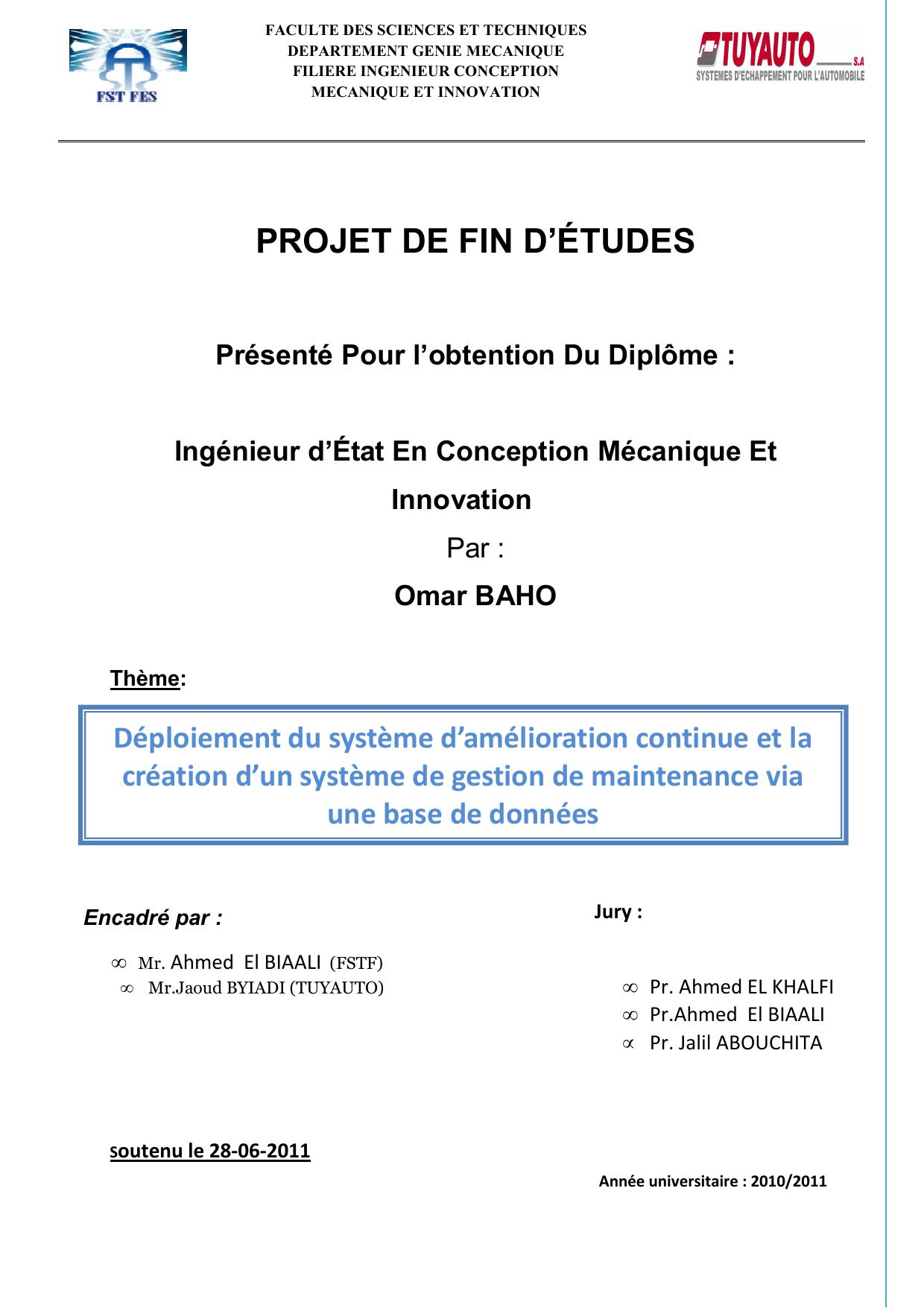 Déploiement du système d’amélioration continue et la création d’un système de gestion de maintenance via une base de données