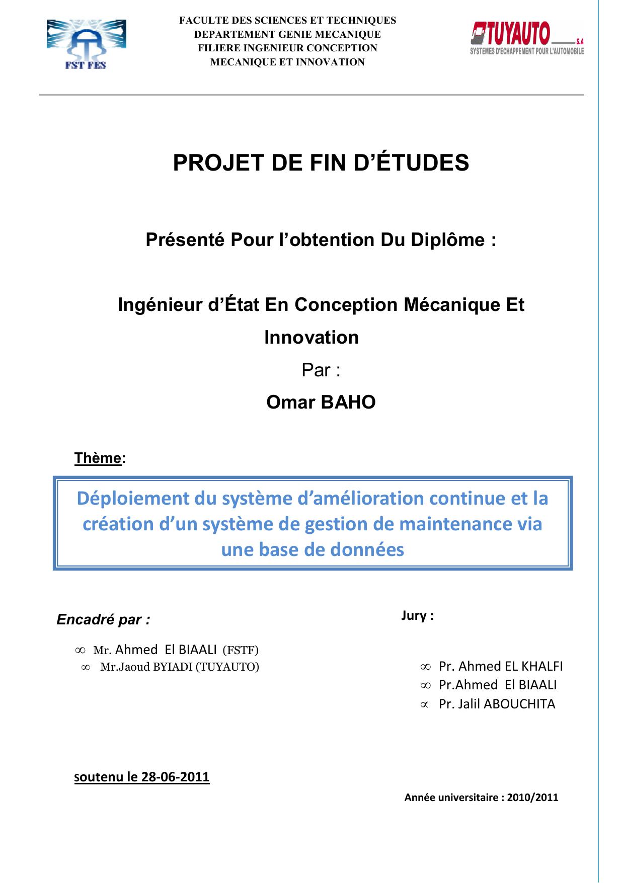 Déploiement du système d’amélioration continue et la création d’un système de gestion de maintenance via une base de données