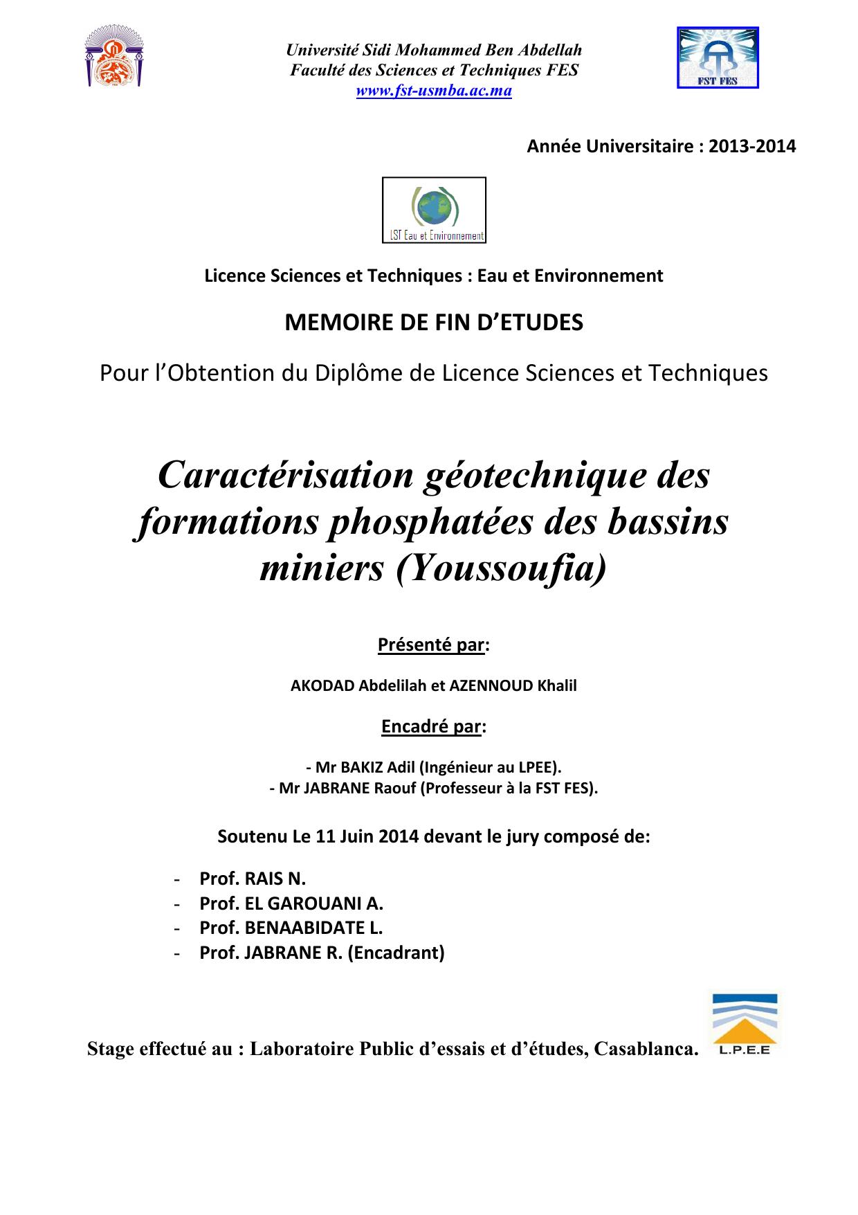 Caractérisation géotechnique des formations phosphatées des bassins miniers (Youssoufia)