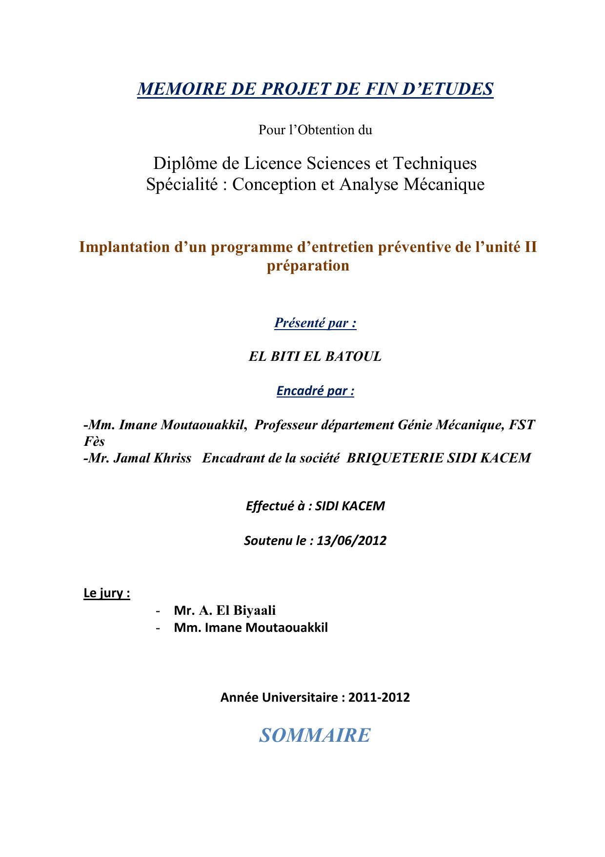 Implantation d’un programme d’entretien préventive de l’unité II préparation