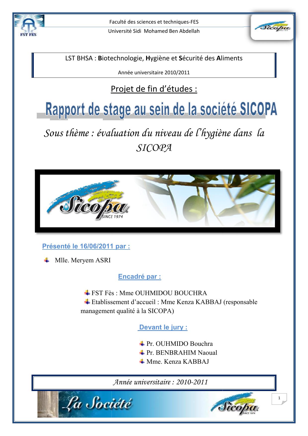 évaluation du niveau de l’hygiène dans SICOPA