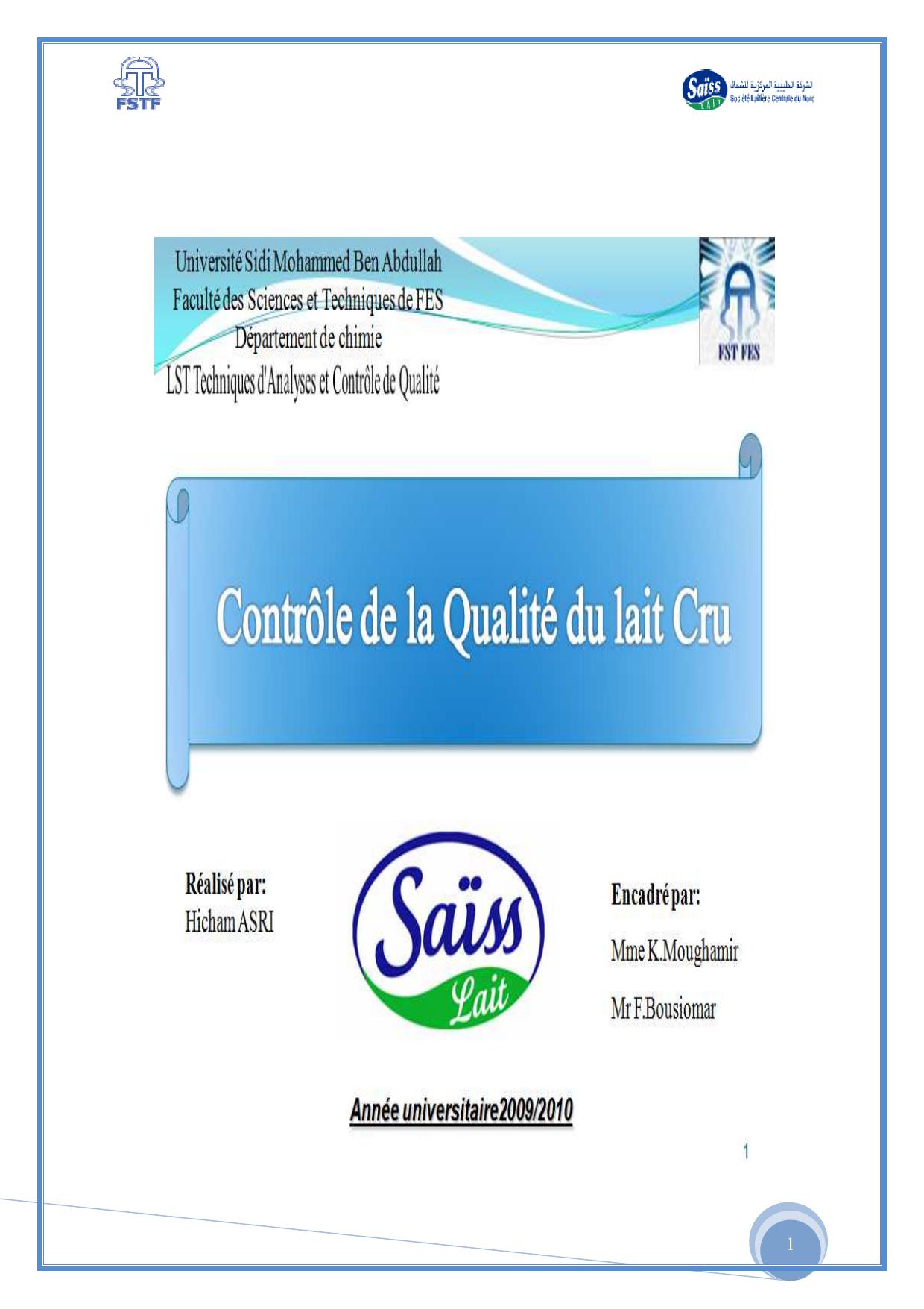 Controle de la qualité du lait Cru