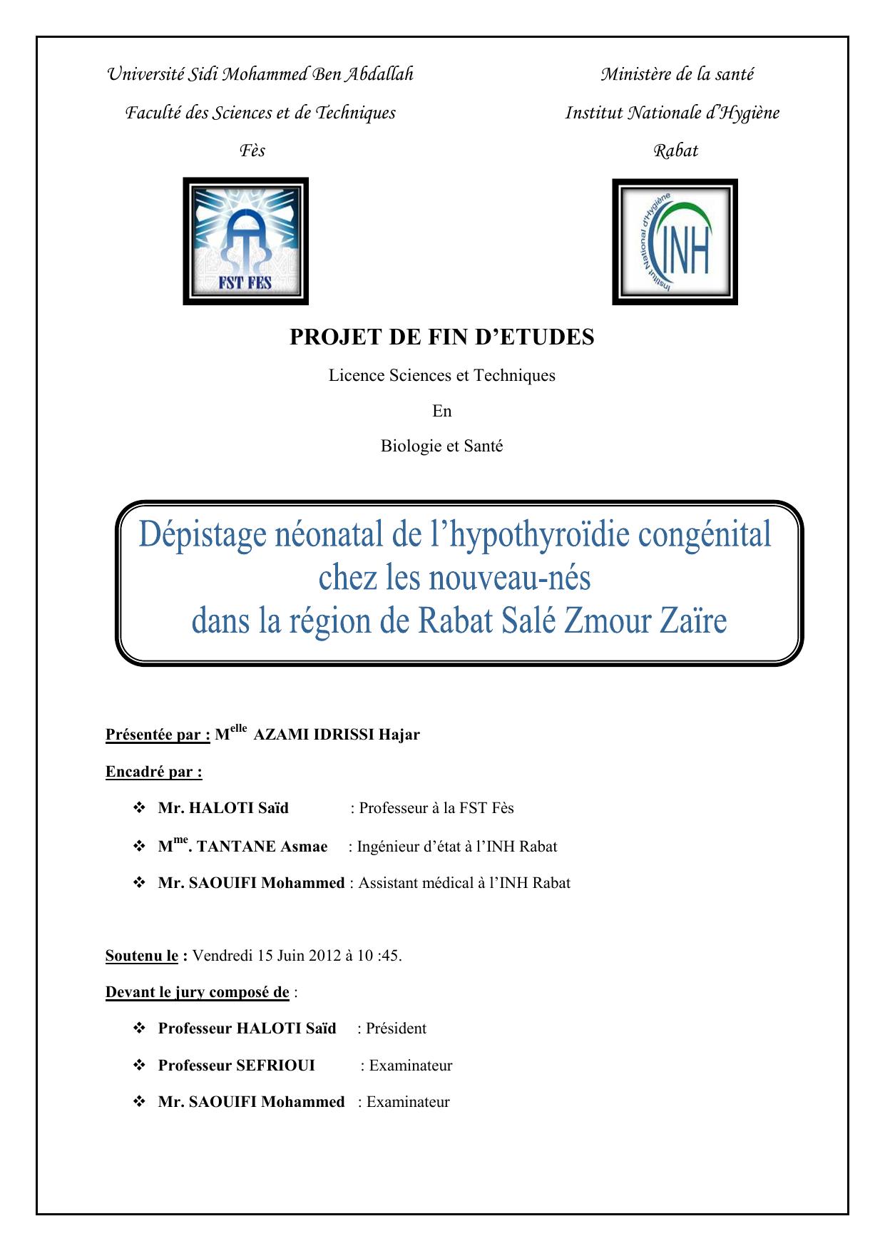 Dépistage néonatal de l'Hypothyroide congénital chez les nouveau-nés dans la région de Rabat Salé Zmour Raire