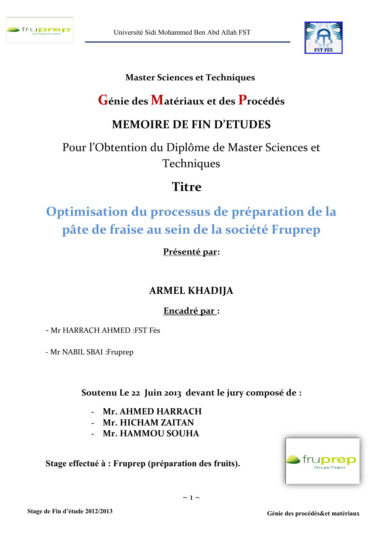 Optimisation du processus de préparation de la pâte de fraise au sein de la société Fruprep