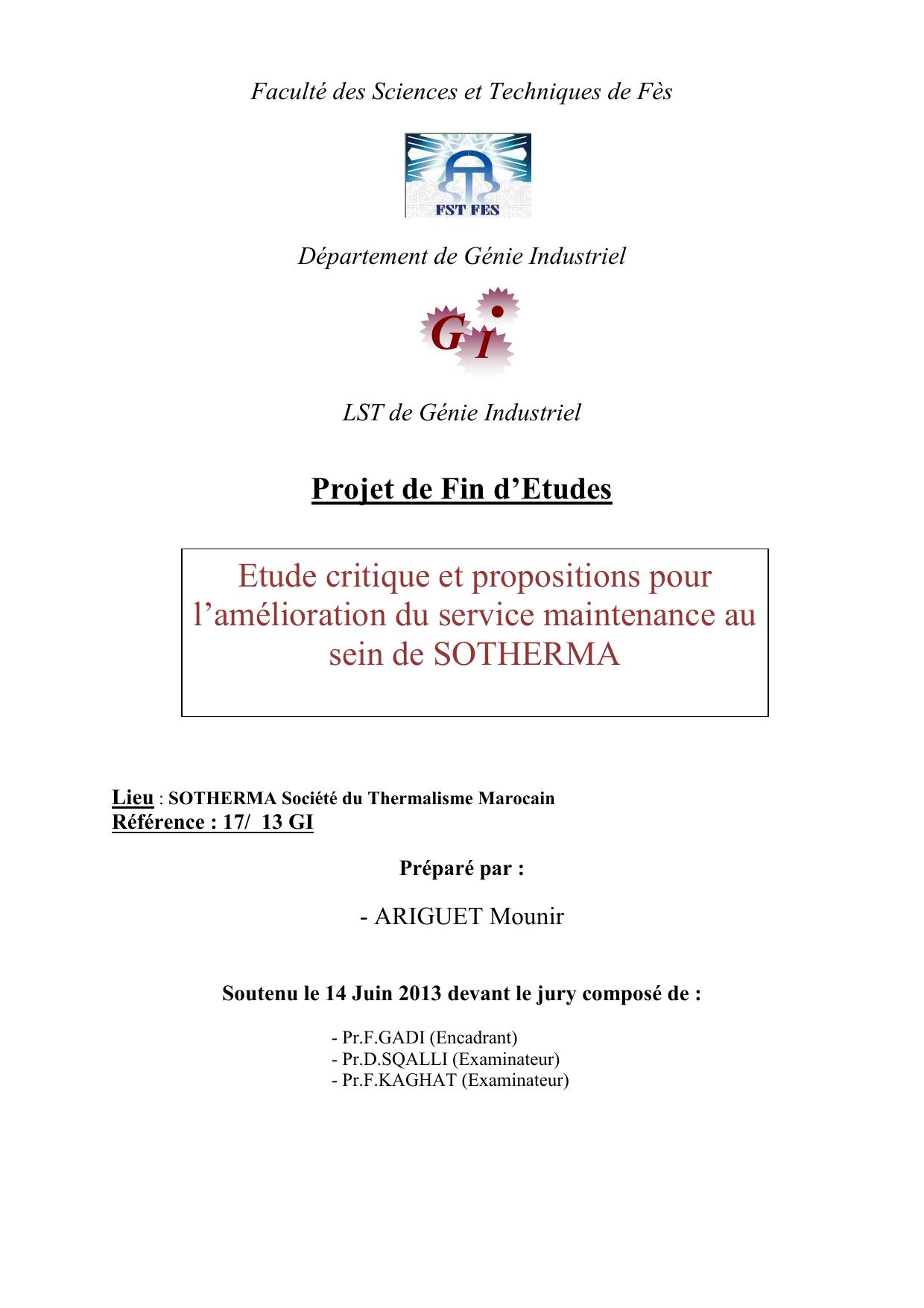 Etude critique et propositions pour l’amélioration du service maintenance au sein de SOTHERMA