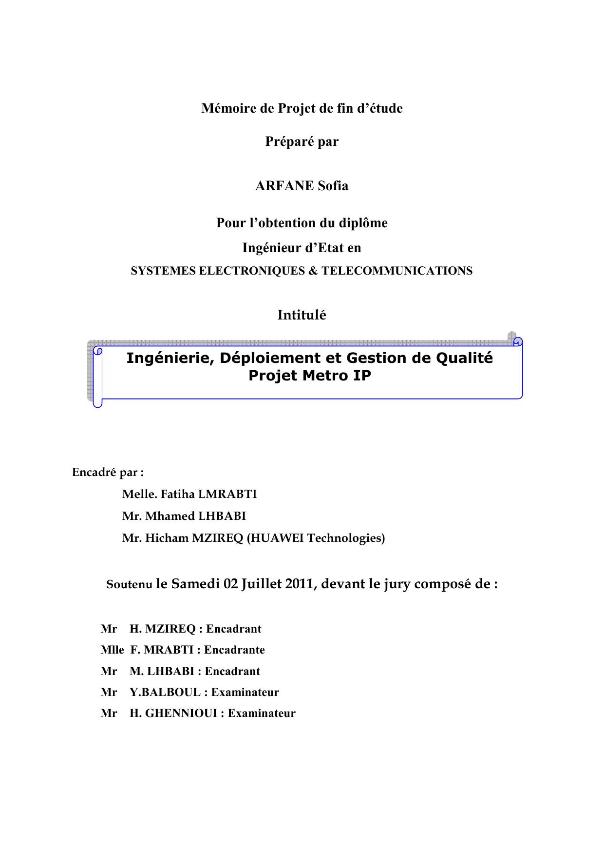 Ingénierie, Déploiement et Gestion de Qualité Projet Metro IP