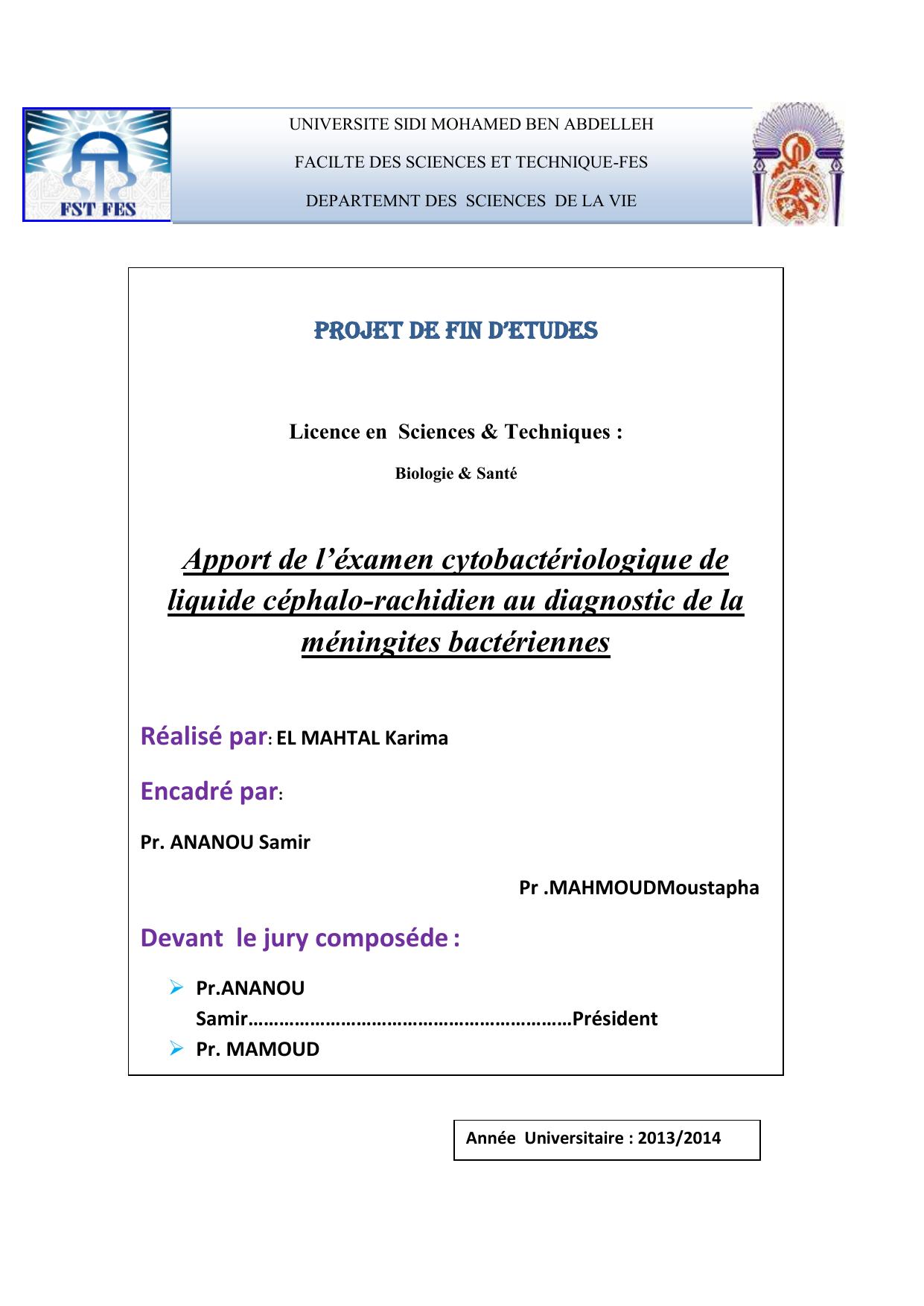 Apport de l’éxamen cytobactériologique de liquide céphalo-rachidien au diagnostic de la méningites bactériennes