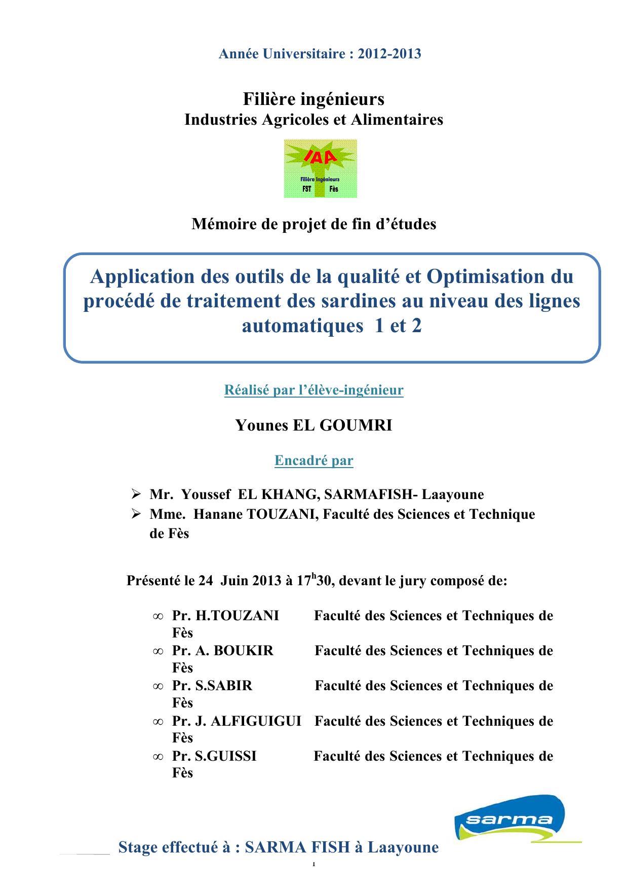 Application des outils de la qualité et Optimisation du procédé de traitement des sardines au niveau des lignes automatiques 1 et 2