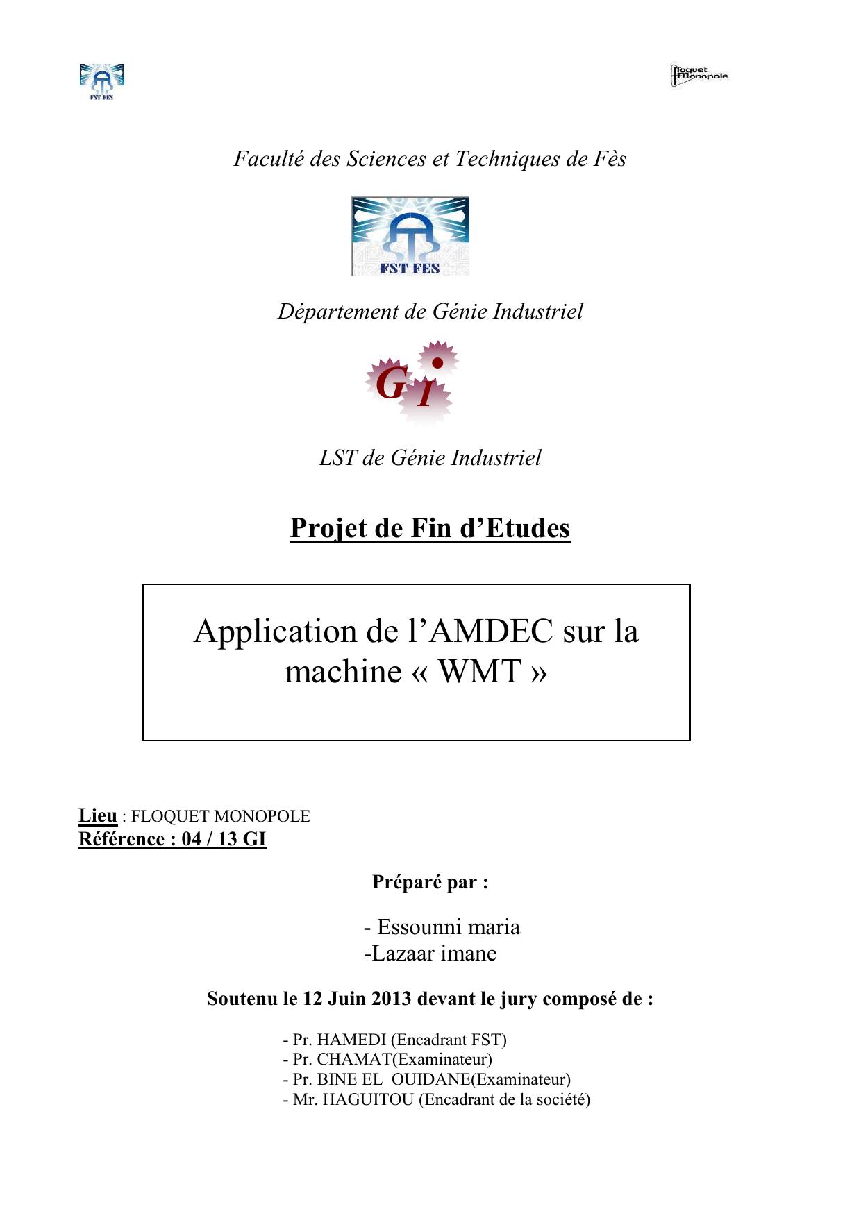 Application de l’AMDEC sur la machine « WMT »