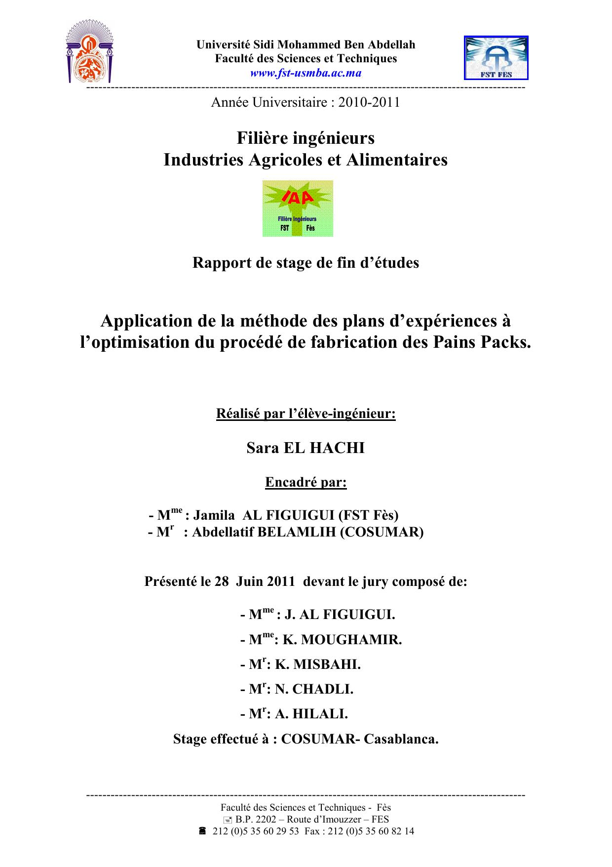 Application de la méthode des plans d’expériences à l’optimisation du procédé de fabrication des Pains Packs