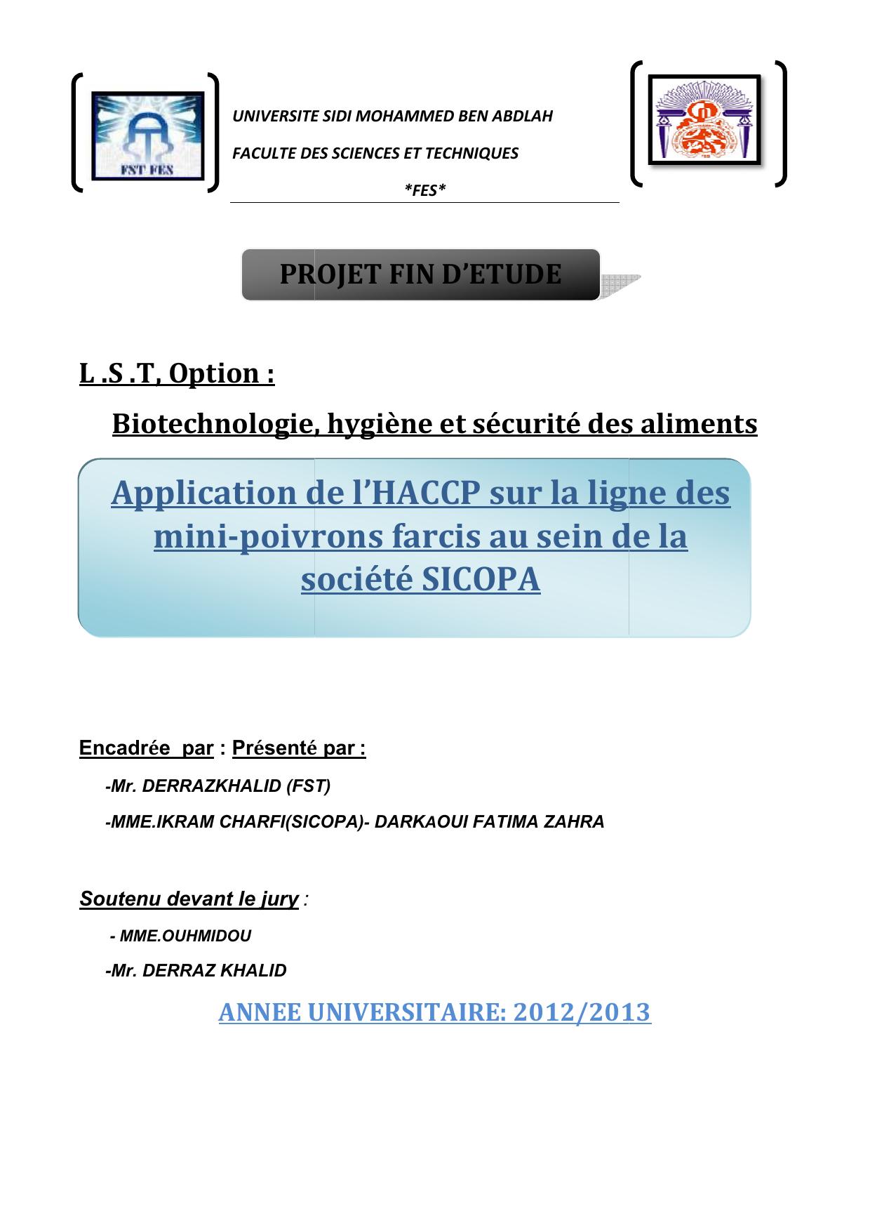 Application de l'HAACP sur la ligne des mini-poivrons farcis au sein de la société SICOPA