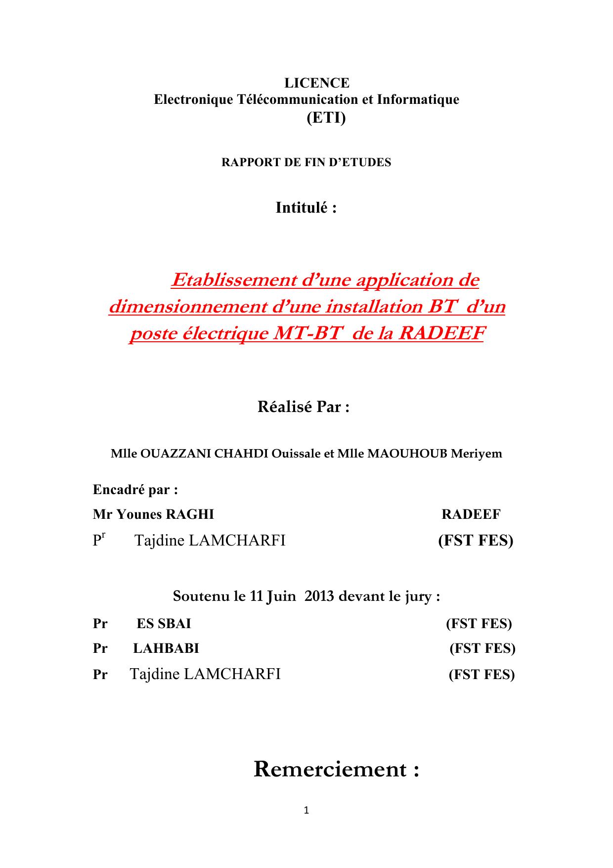 Etablissement d’une application de dimensionnement d’une installation BT d’un poste électrique MT-BT de la RADEEF