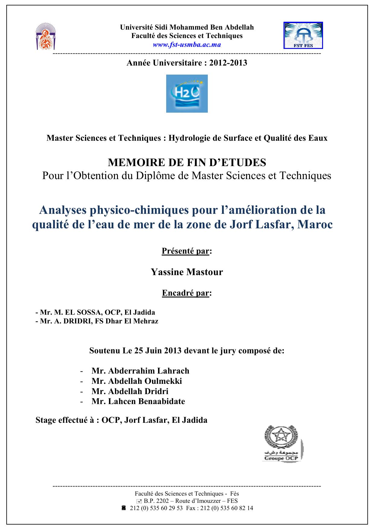 Analyses physico-chimiques pour l’amélioration de la qualité de l’eau de mer de la zone de Jorf Lasfar, Maroc
