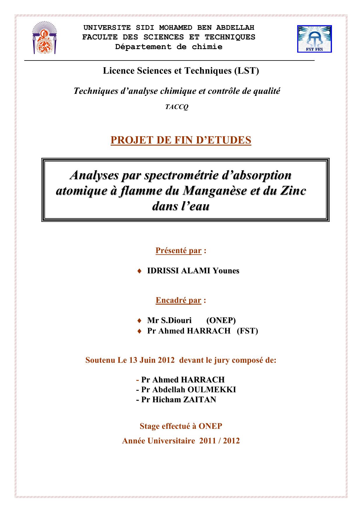 Analyses par spectrométrie d’absorption atomique à flamme du Manganèse et du Zinc dans l’eau