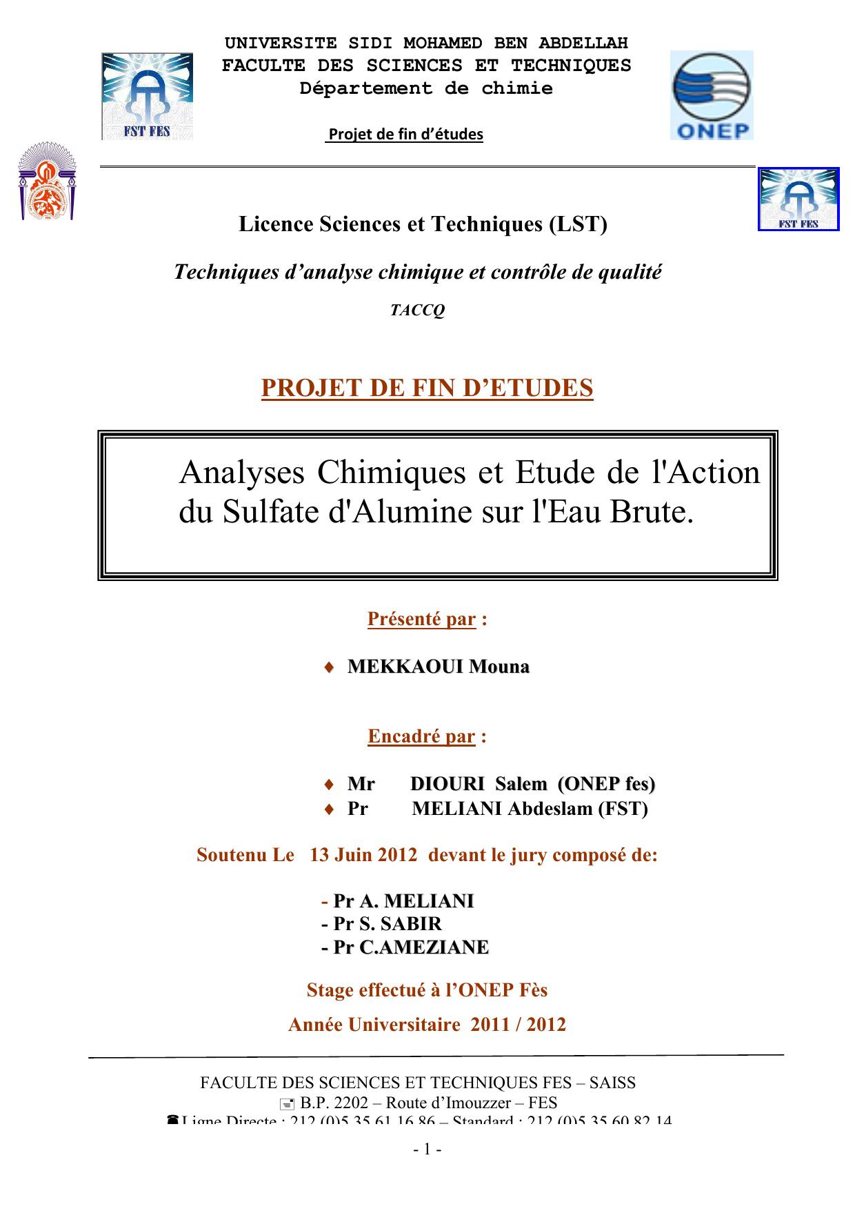 Analyses Chimiques et Etude de l'Action du Sulfate d'Alumine sur l'Eau Brute