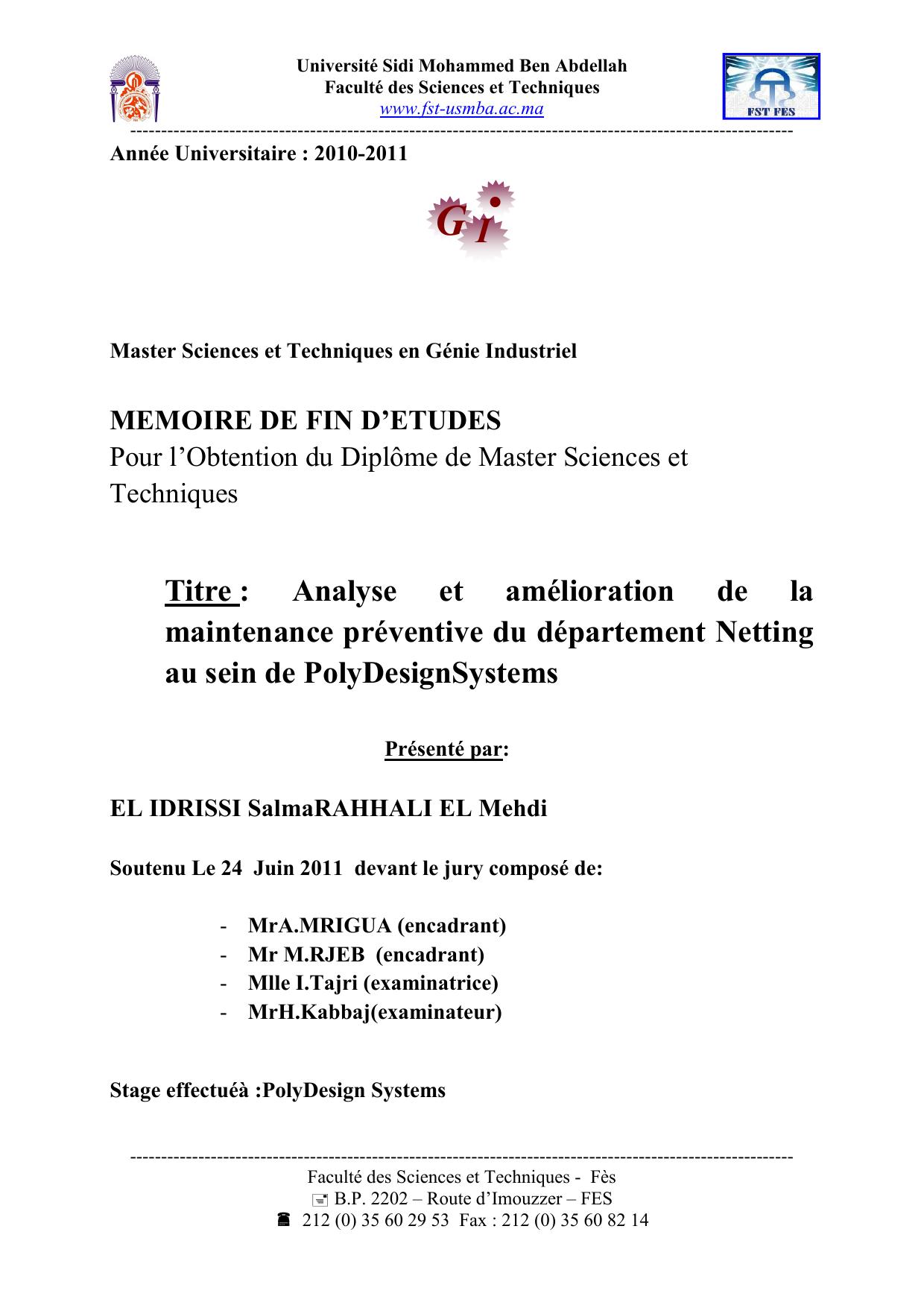 Analyse et amélioration de la maintenance préventive du département Netting au sein de PolyDesignSystems