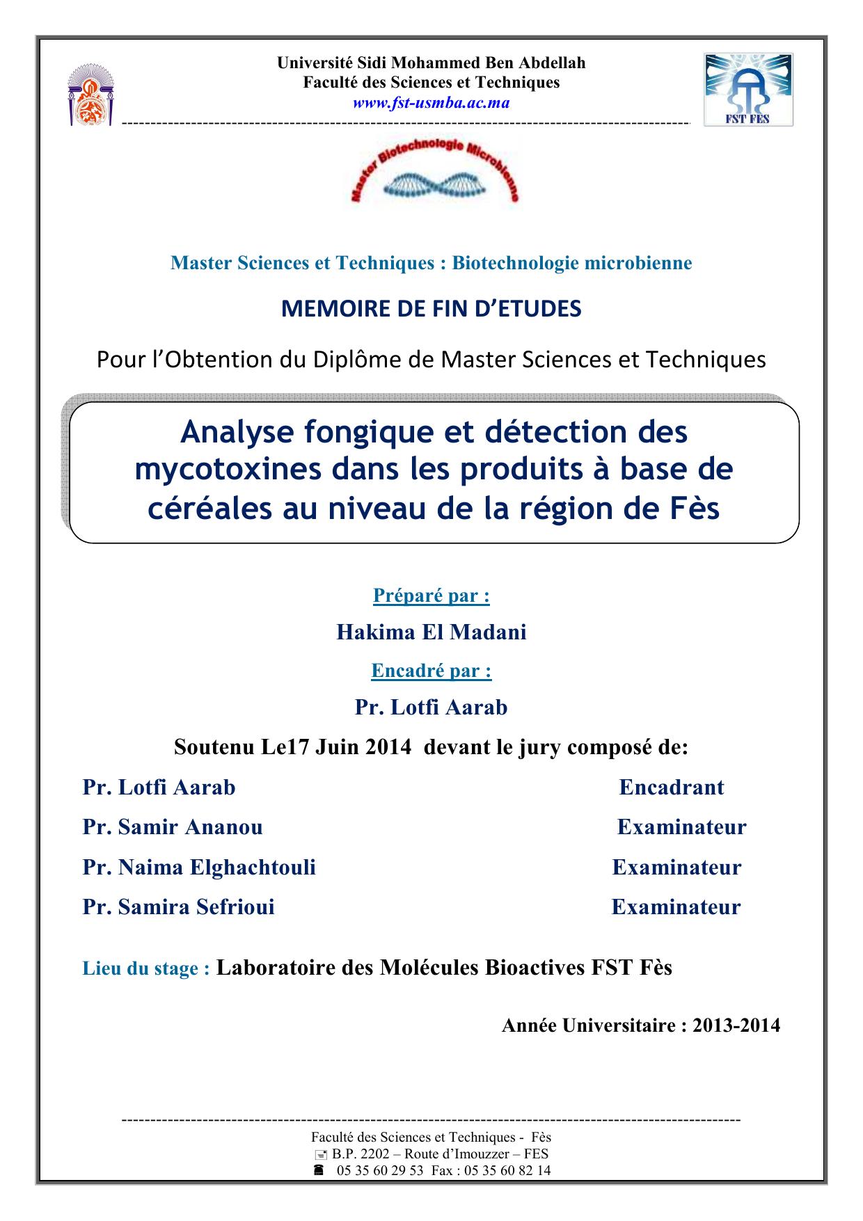 Analyse fongique et détection des mycotoxines dans les produits à base de céréales au niveau de la région de Fès