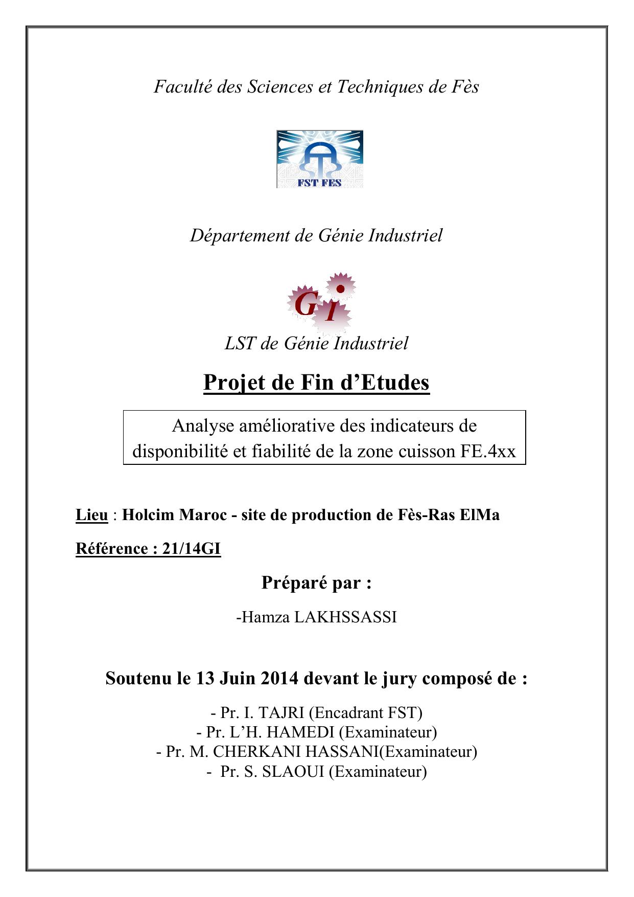 Analyse améliorative des indicateurs de disponibilité et fiabilité de la zone cuisson FE.4xx