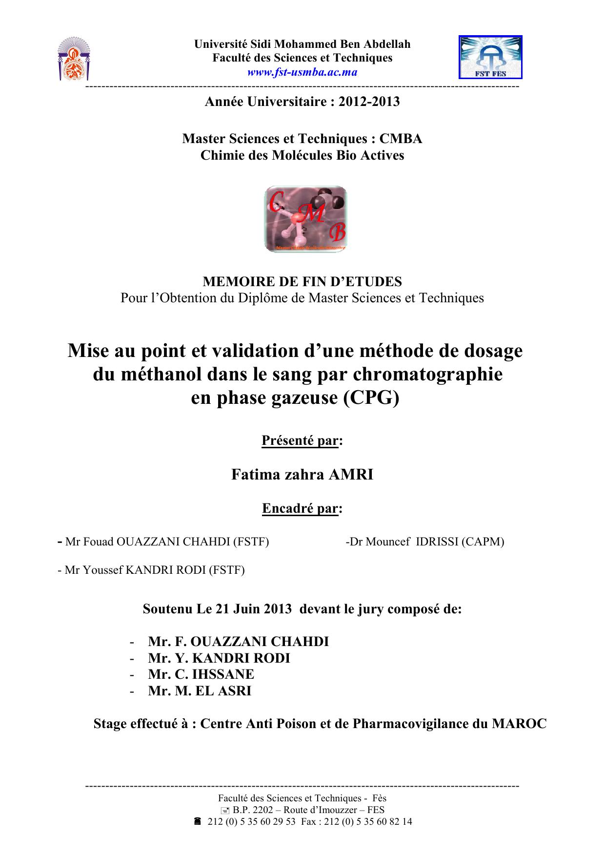 Mise au point et validation d’une méthode de dosage du méthanol dans le sang par chromatographie en phase gazeuse (CPG)