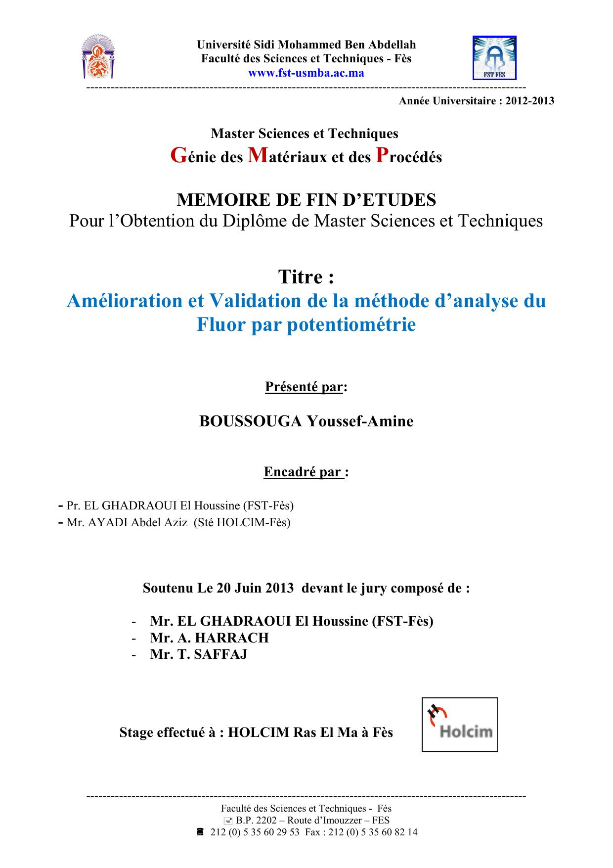 Amélioration et Validation de la méthode d’analyse du Fluor par potentiométrie