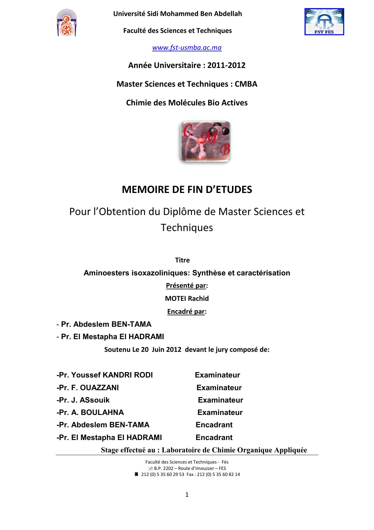 Aminoesters isoxazoliniques: Synthèse et caractérisation