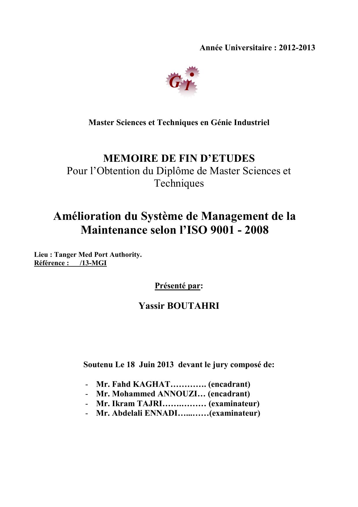 Amélioration du Système de Management de la Maintenance selon l’ISO 9001 - 2008