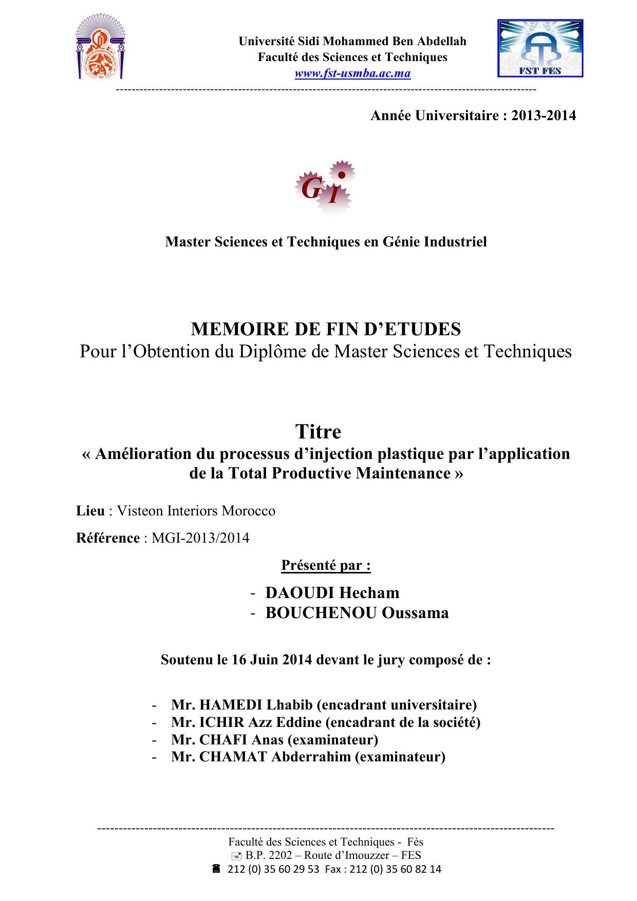 Amélioration du processus d’injection plastique par l’application de la Total Productive Maintenance