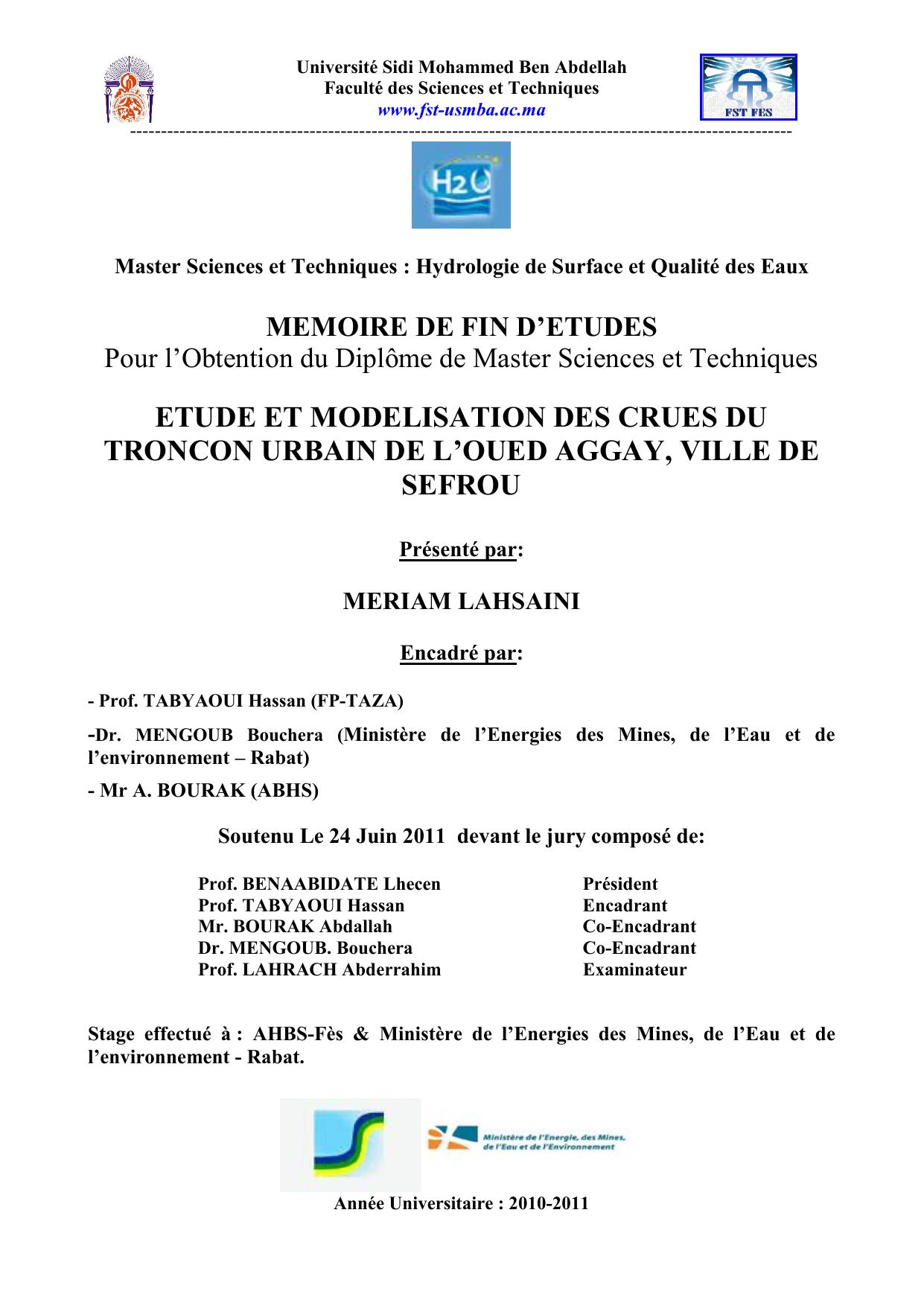 Etude et modélisation des ctues du troncon urbain de l'Oued Aggay, ville dee Sefrou