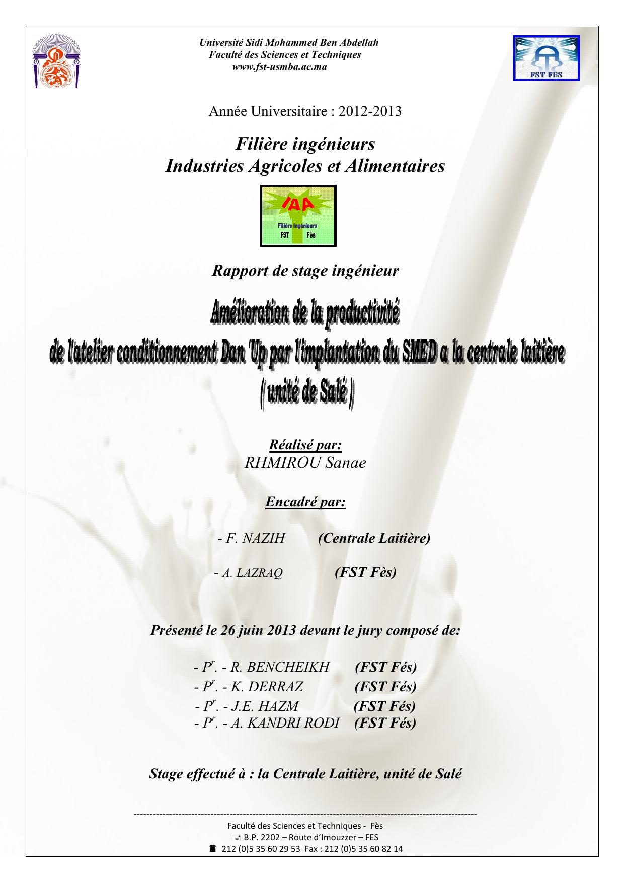 Amélioration de la productivité de l'Atelier conditionnement Dan Up par l'implantation du MED à la centrale laitière (Unité de Salé)