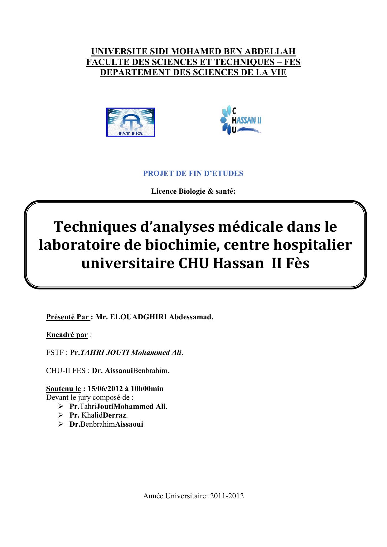 Techniques d’analyses médicale dans le laboratoire de biochimie, centre hospitalier universitaire CHU Hassan II Fès