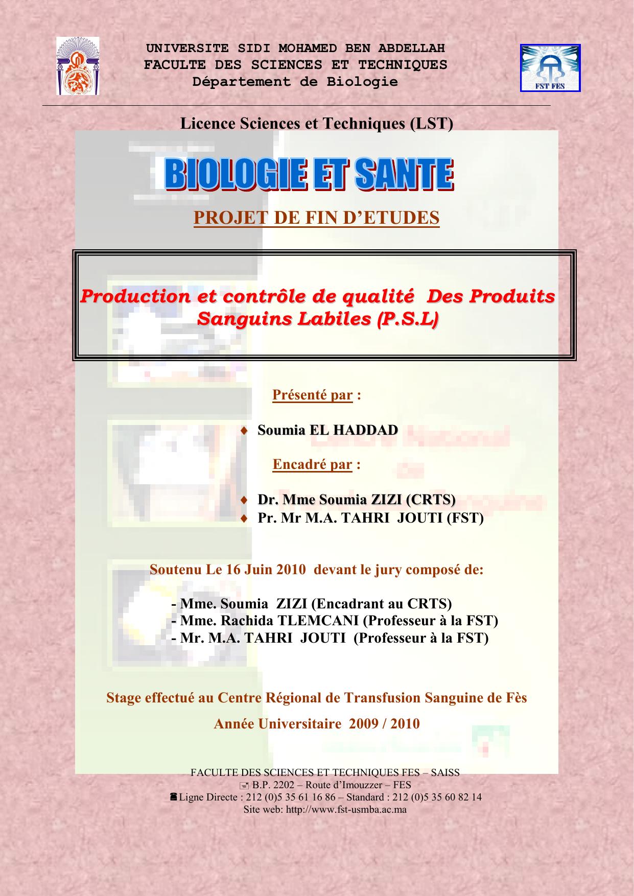 Production et contrôle de qualité Des Produits Sanguins Labiles ((P.S.L))