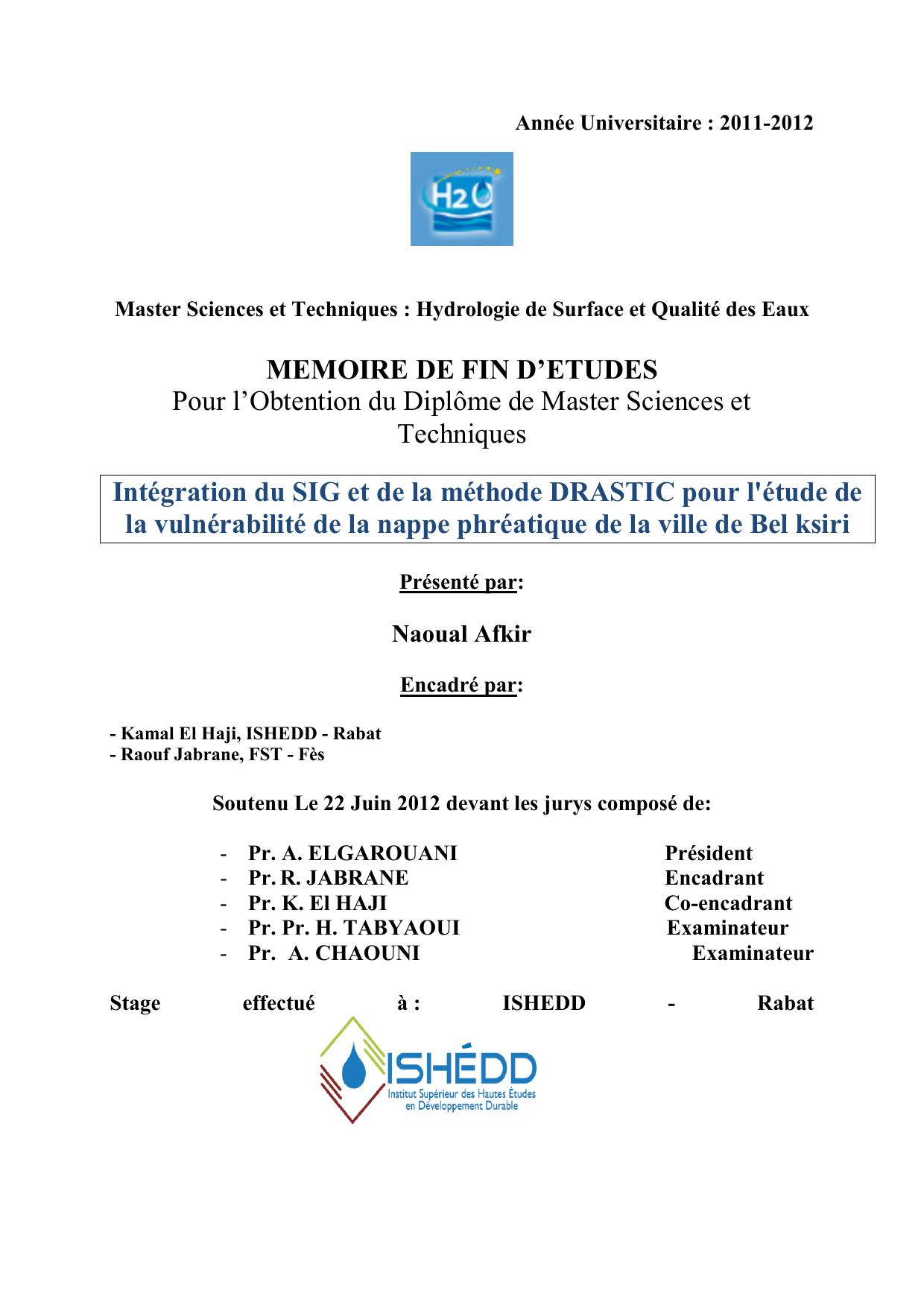 Intégration du SIG et de la méthode DRASTIC pour l'étude de la vulnérabilité de la nappe phréatique de la ville de Bel ksiri