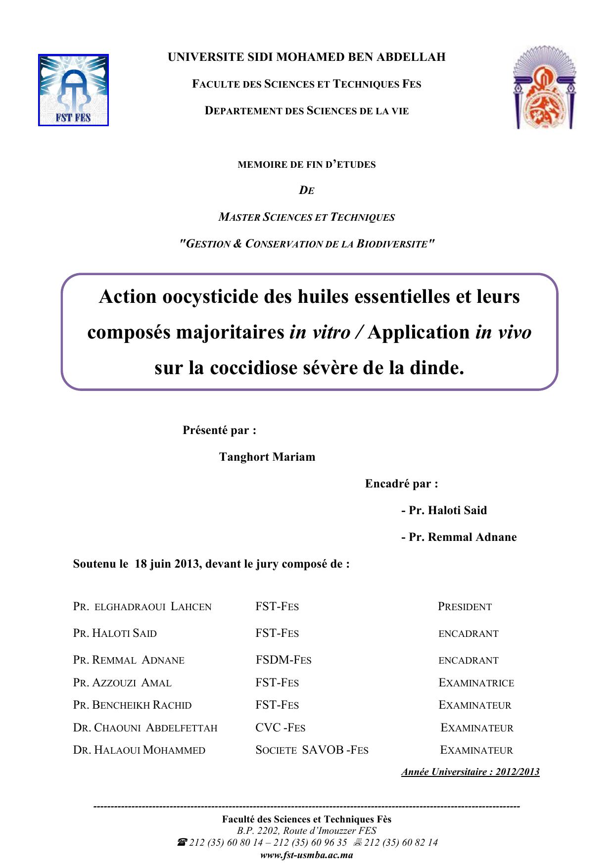 Action oocysticide des huiles essentielles et leurs composés majoritaires in vitro / Application in vivo sur la coccidiose sévère de la dinde