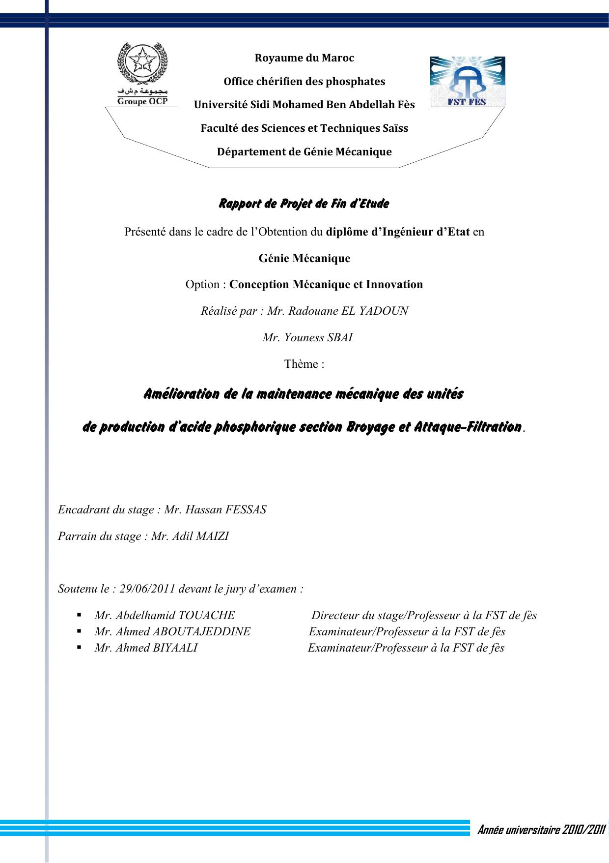 Amélioration de la maintenance mécanique des unités de production d’acide phosphorique section Broyage et Attaque-Filtration