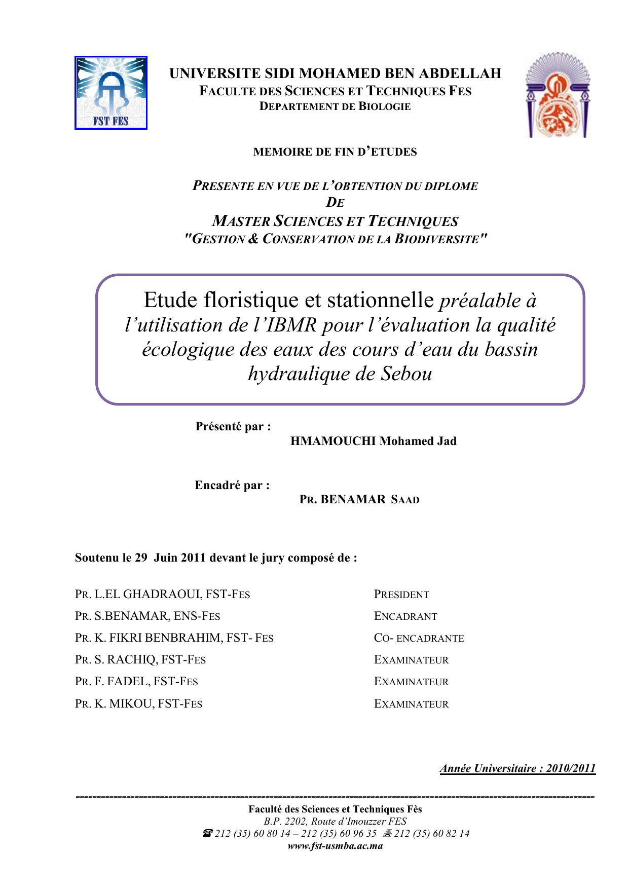 Etude floristique et stationnelle préalable à l’utilisation de l’IBMR pour l’évaluation la qualité écologique des eaux des cours d’eau du bassin hydraulique de Sebou