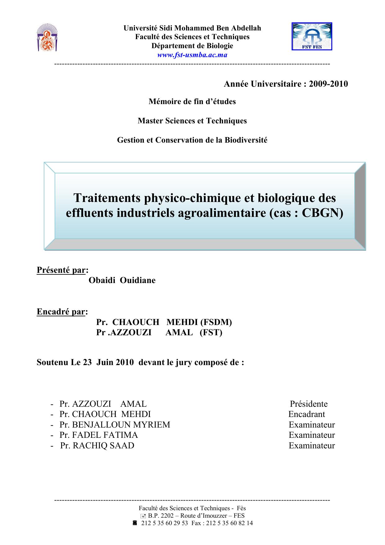 Traitements physico-chimique et biologique des effluents industriels agroalimentaire (cas : CBGN)