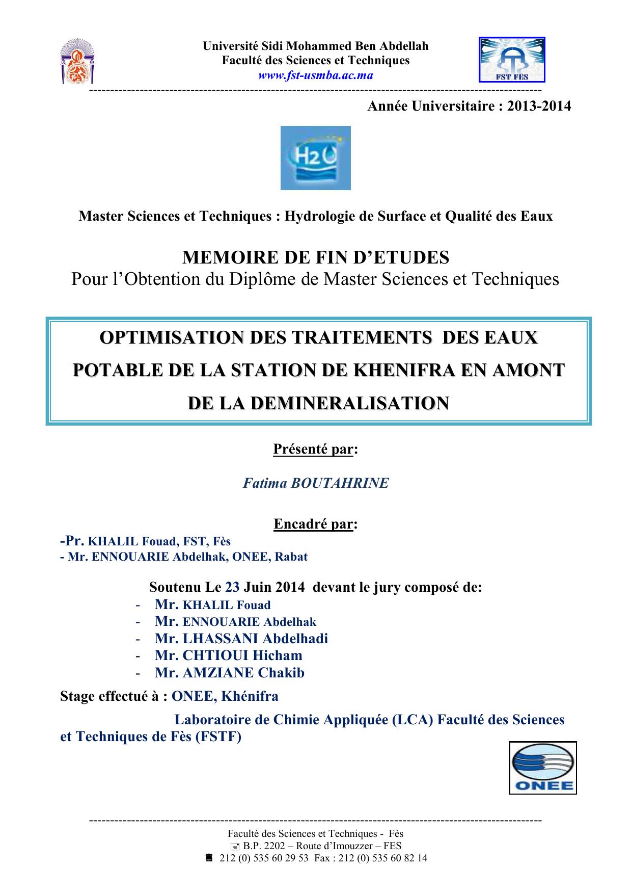 OPTIMISATION DES TRAITEMENTS DES EAUX POTABLE DE LA STATION DE KHENIFRA EN AMONT DE LA DEMINERALISATION