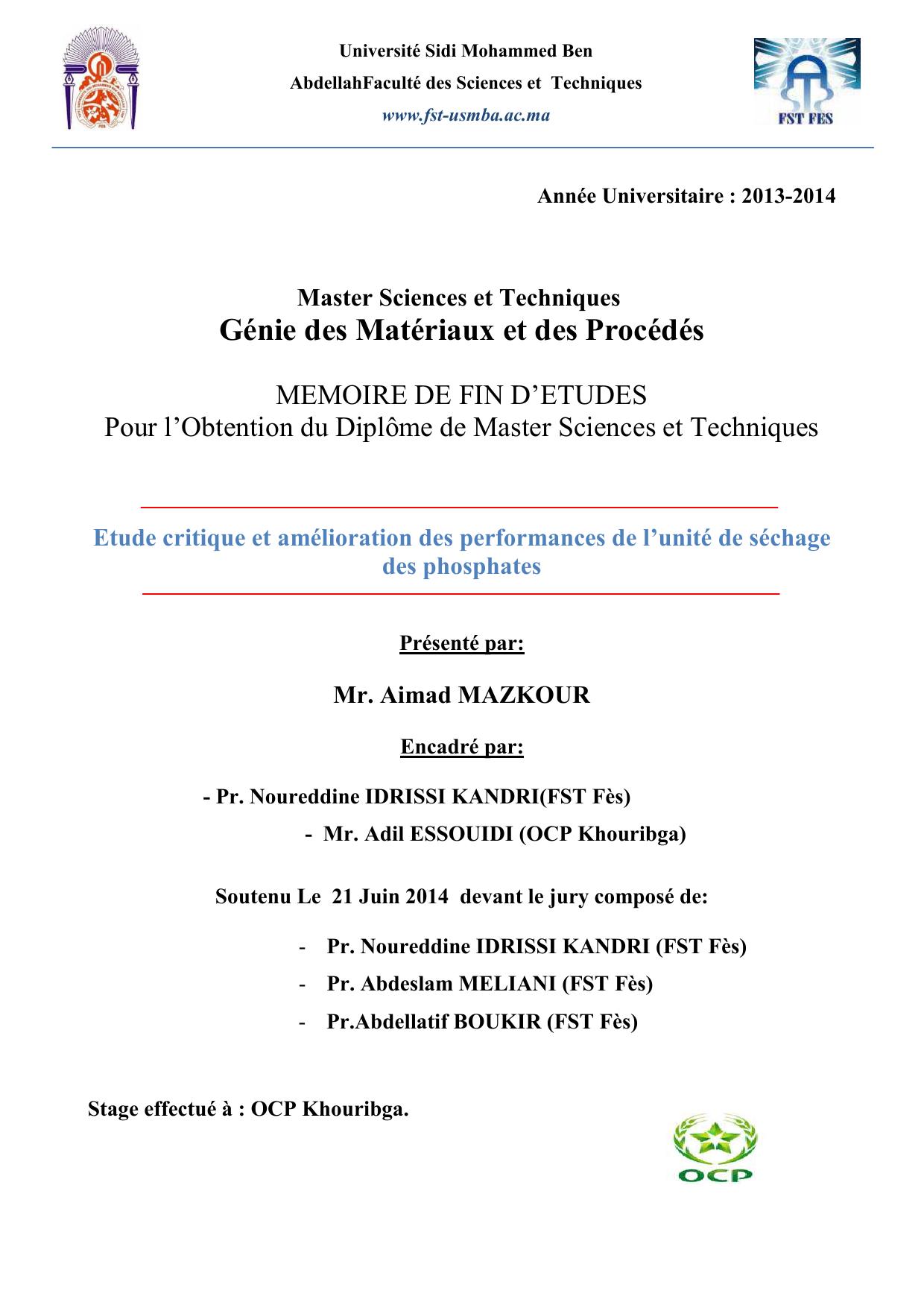 Etude critique et amélioration des performances de l’unité de séchage des phosphates