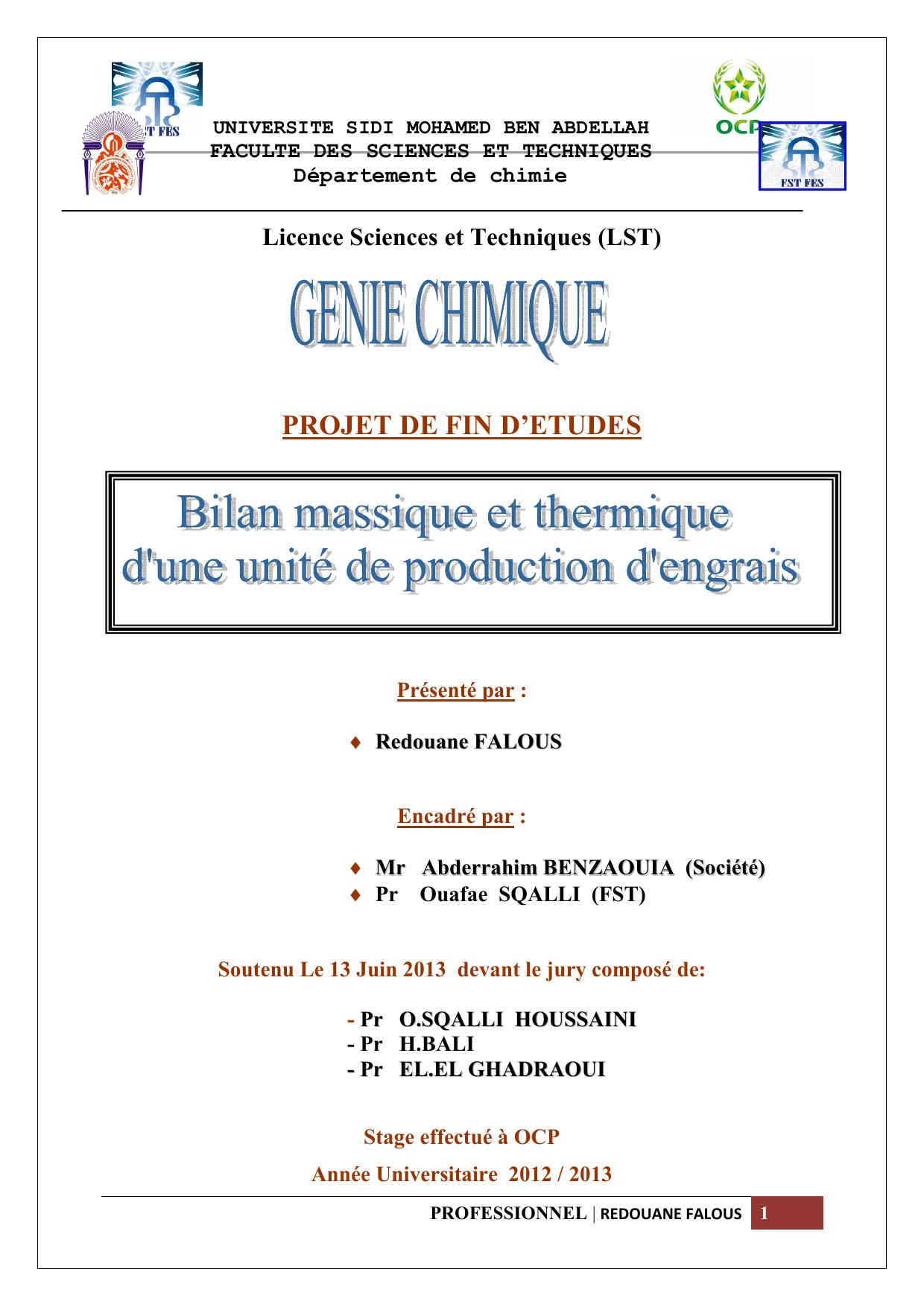 Bilan massique et thermique d'une unité de production d'engrais