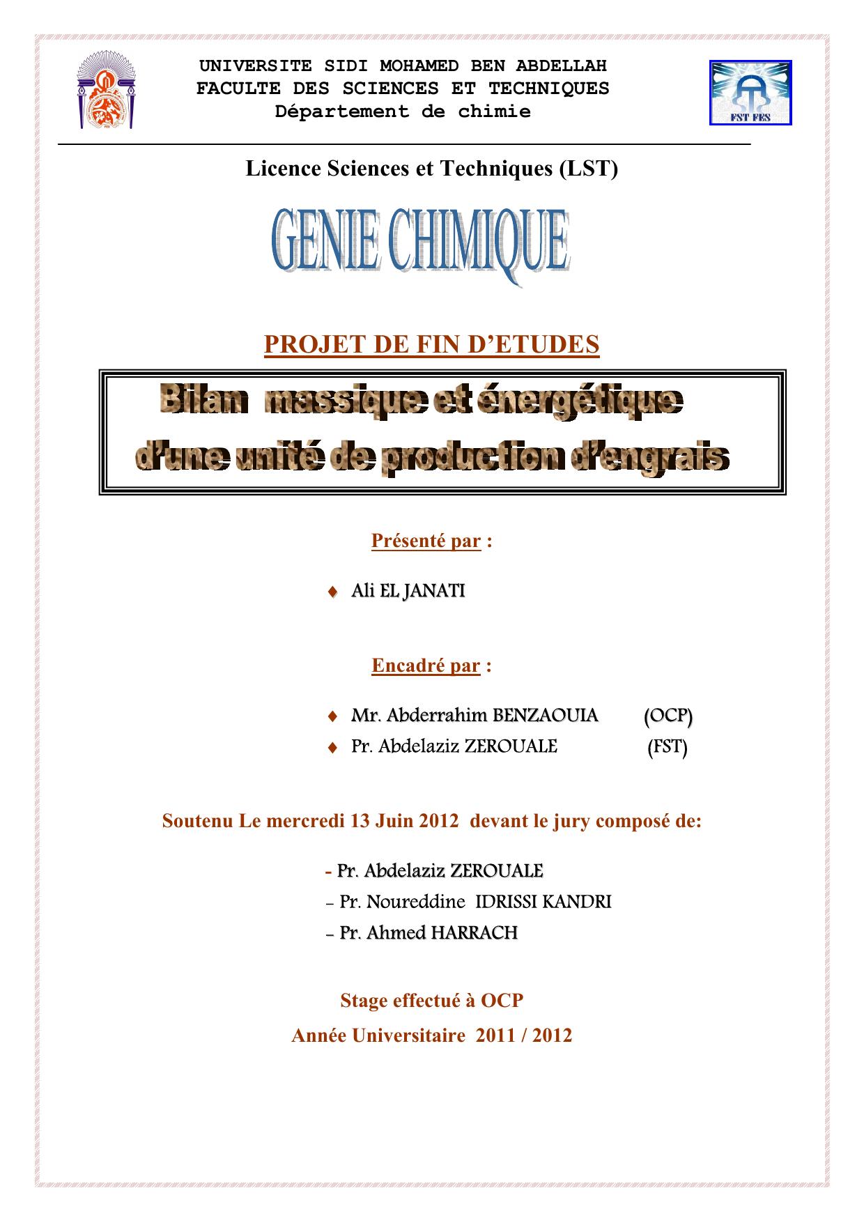 Bilan massique et énergétique d'une unité de production d'engrais