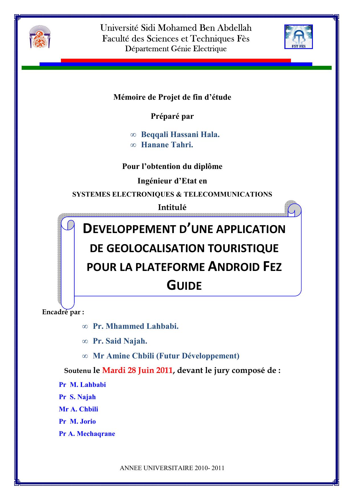 DEVELOPPEMENT D’UNE APPLICATION DE GEOLOCALISATION TOURISTIQUE POUR LA PLATEFORME ANDROID FEZ GUIDE