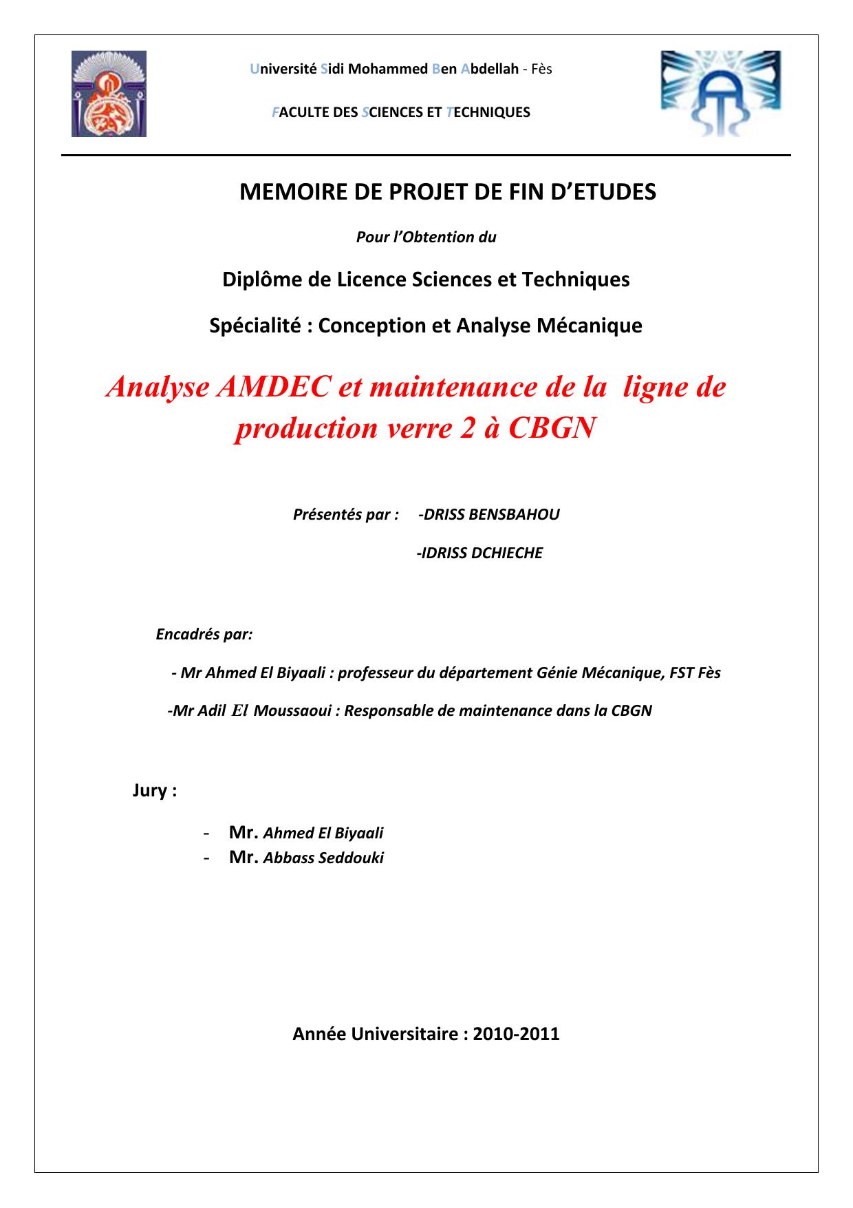 Analyse AMDEC et maintenance de la ligne de production verre 2 à CBGN