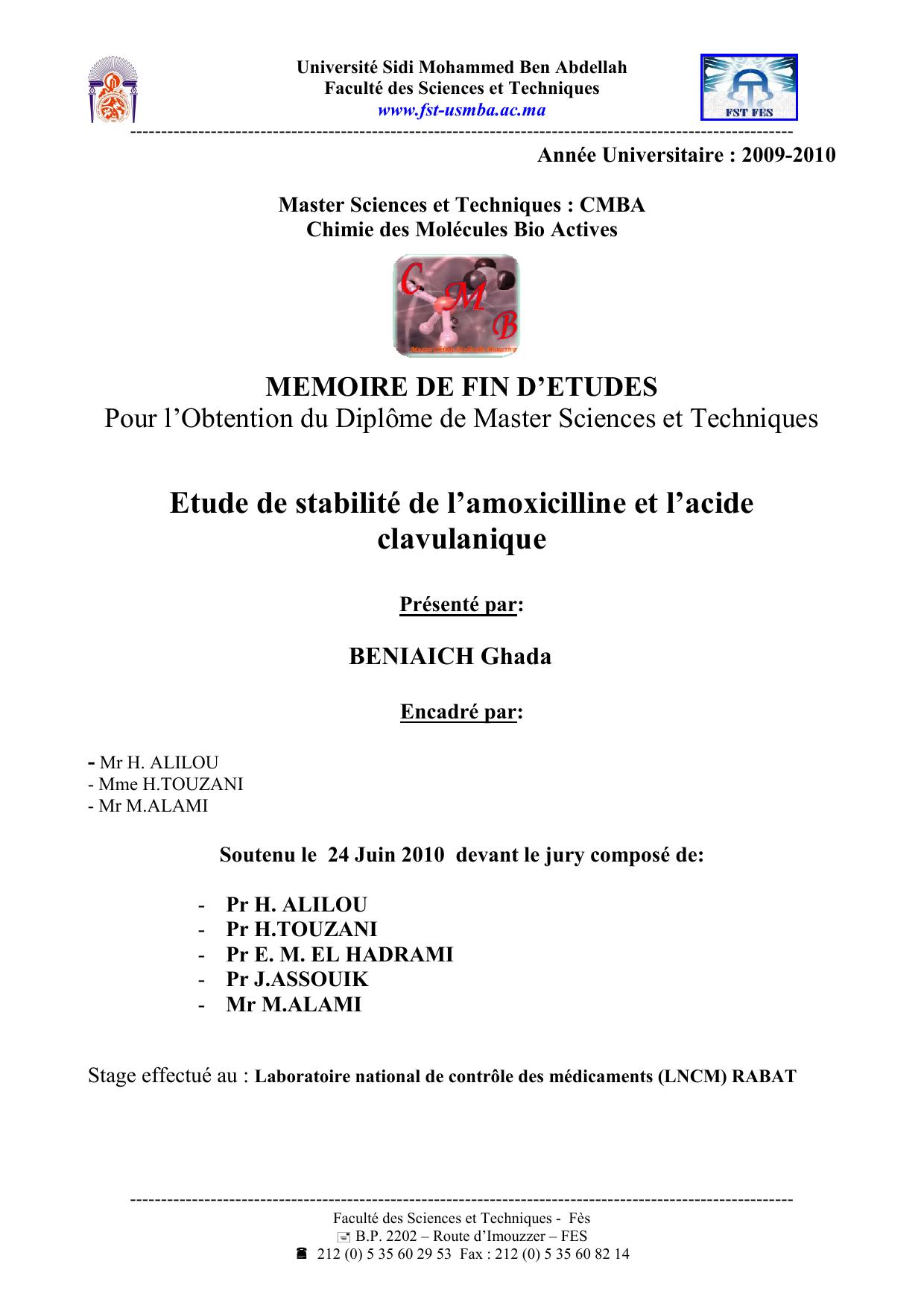 Etude de stabilité de l’amoxicilline et l’acide clavulanique