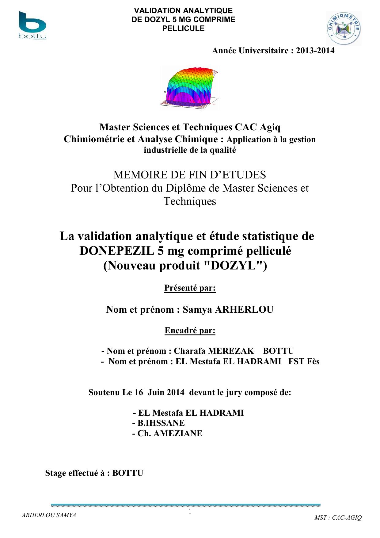 La validation analytique et étude statistique de DONEPEZIL 5 mg comprimé pelliculé (Nouveau produit "DOZYL")