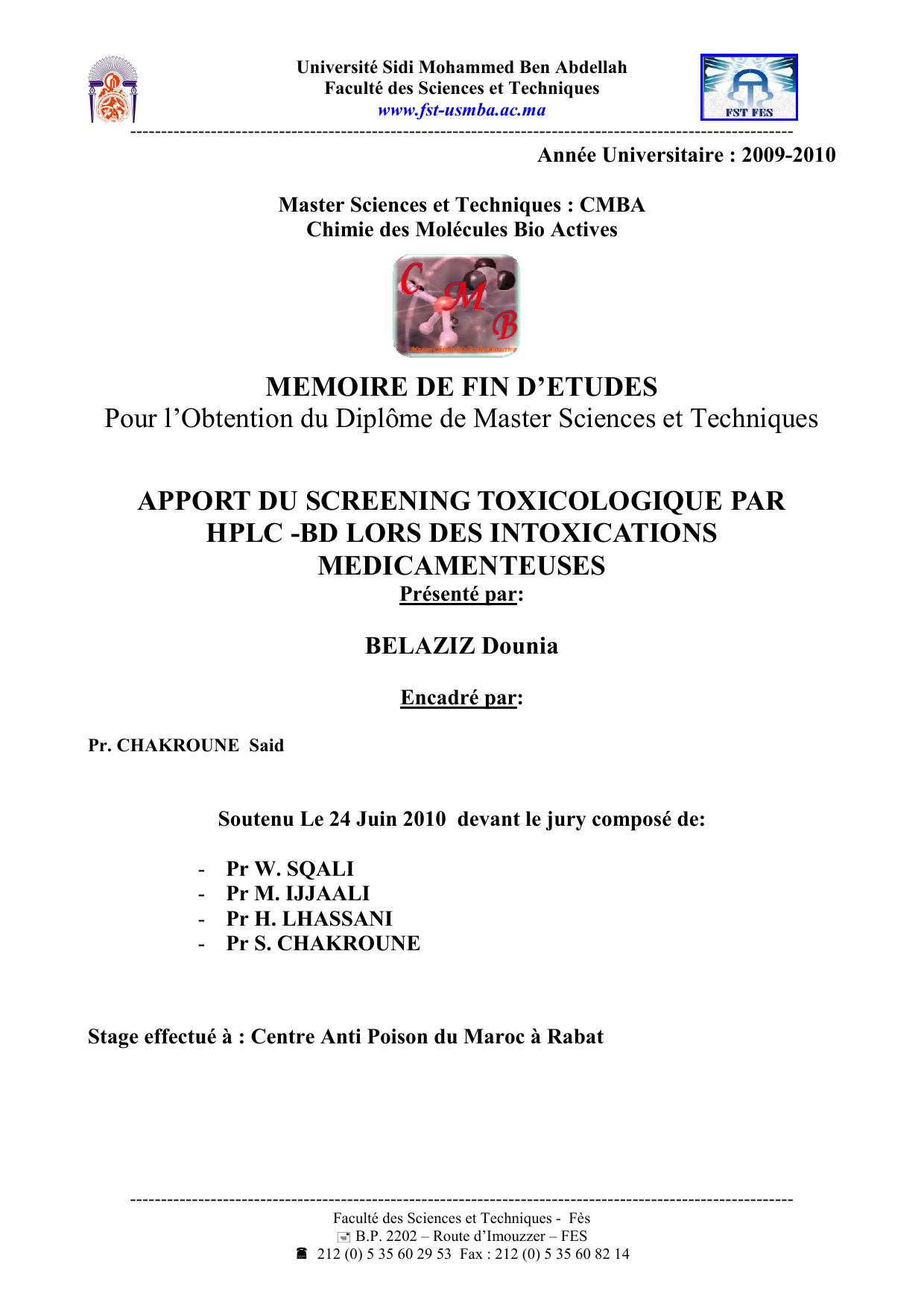 APPORT DU SCREENING TOXICOLOGIQUE PAR HPLC -BD LORS DES INTOXICATIONS MEDICAMENTEUSES