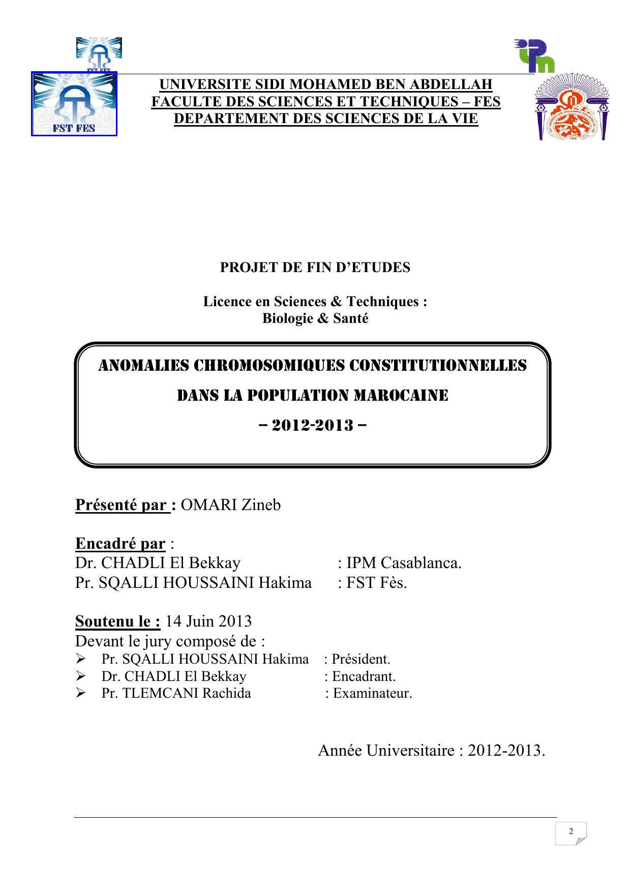 ANOMALIES CHROMOSOMIQUES CONSTITUTIONNELLES DANS LA POPULATION MAROCAINE -- 2012-2013 --