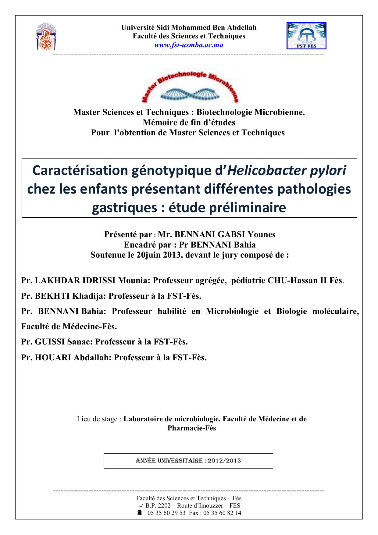 Caractérisation génotypique d’Helicobacter pylori chez l’enfant présentant différentes pathologies gastriques : étude préliminaire